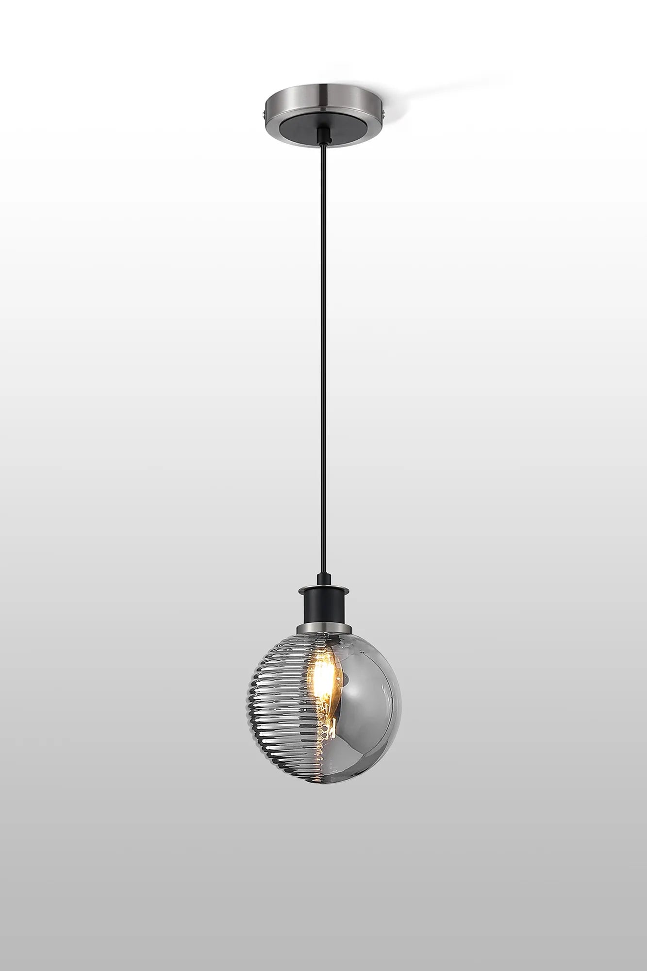 Sycamore Pendant IP44 with 15cm Round Double Textured Smooth & Ribbed Glass Shade - Satin Nickel, Smoke Plated & Satin Black