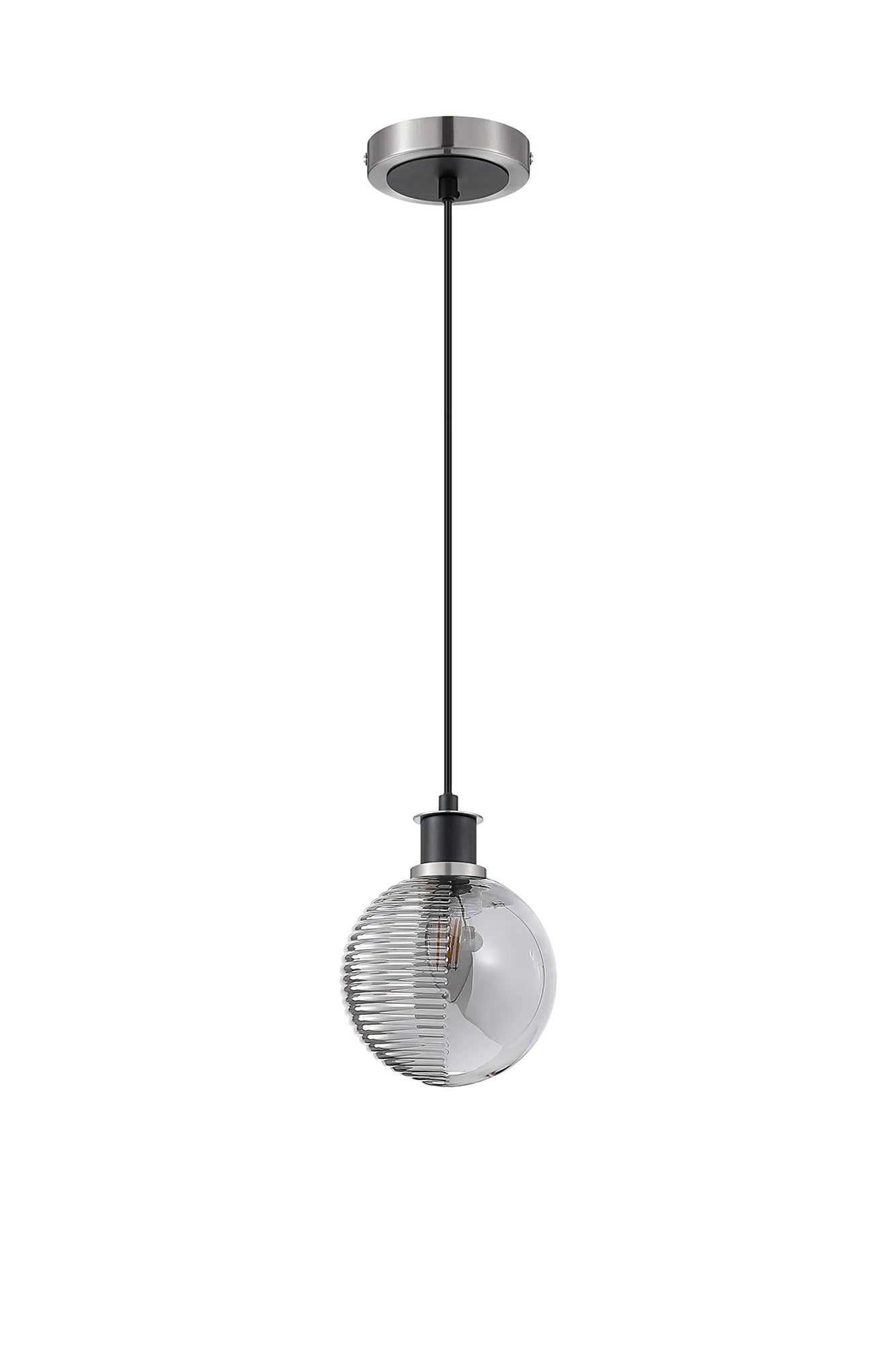 Sycamore Pendant IP44 with 15cm Round Double Textured Smooth & Ribbed Glass Shade - Satin Nickel, Smoke Plated & Satin Black