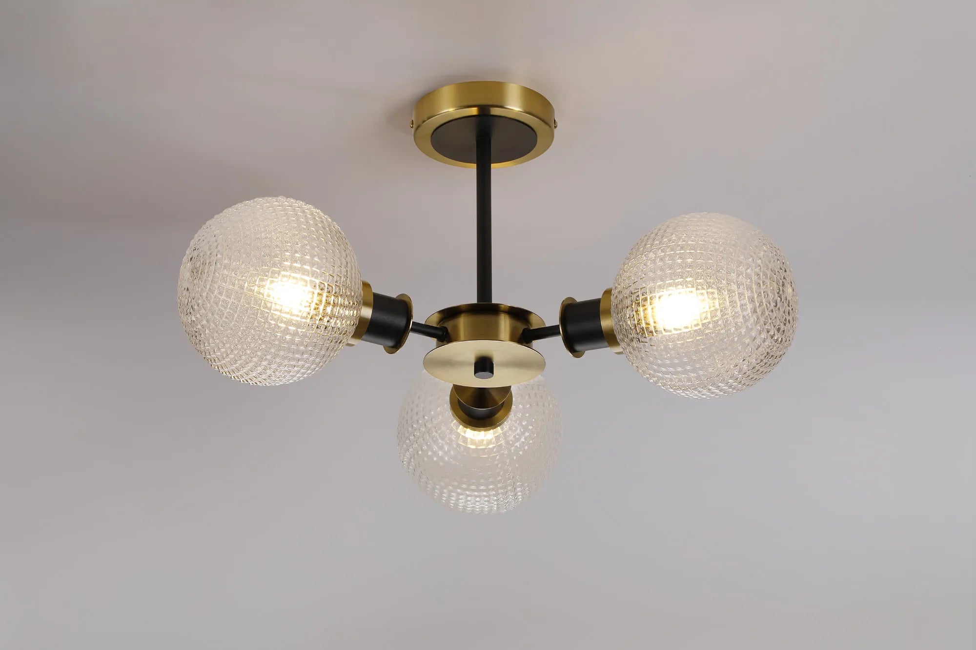 Sycamore Semi Ceiliing 3 Light with 15cm Round Textured Diamond Pattern Glass Shade - Brass, Clear & Satin Black