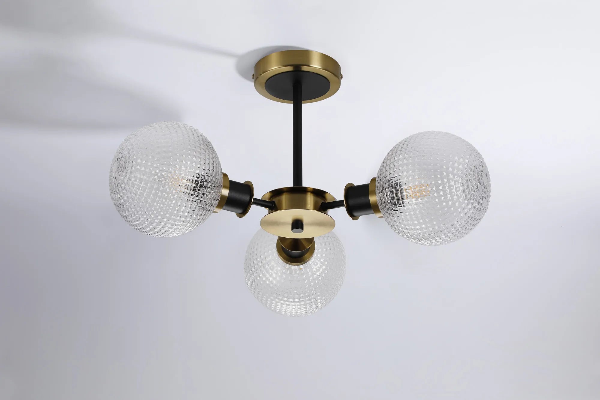 Sycamore Semi Ceiliing 3 Light with 15cm Round Textured Diamond Pattern Glass Shade - Brass, Clear & Satin Black