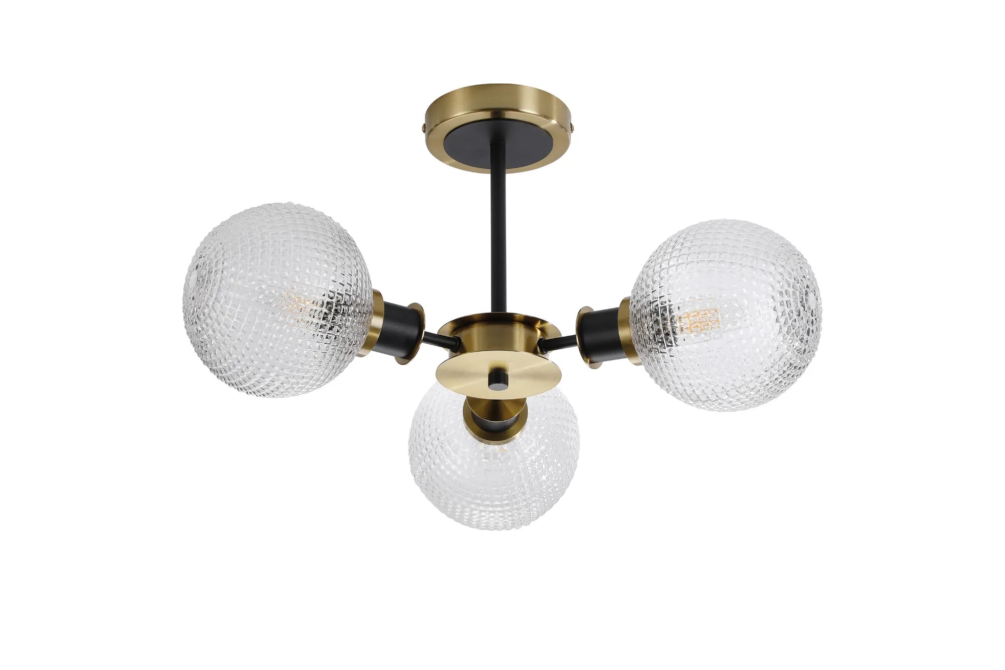 Sycamore Semi Ceiliing 3 Light with 15cm Round Textured Diamond Pattern Glass Shade - Brass, Clear & Satin Black