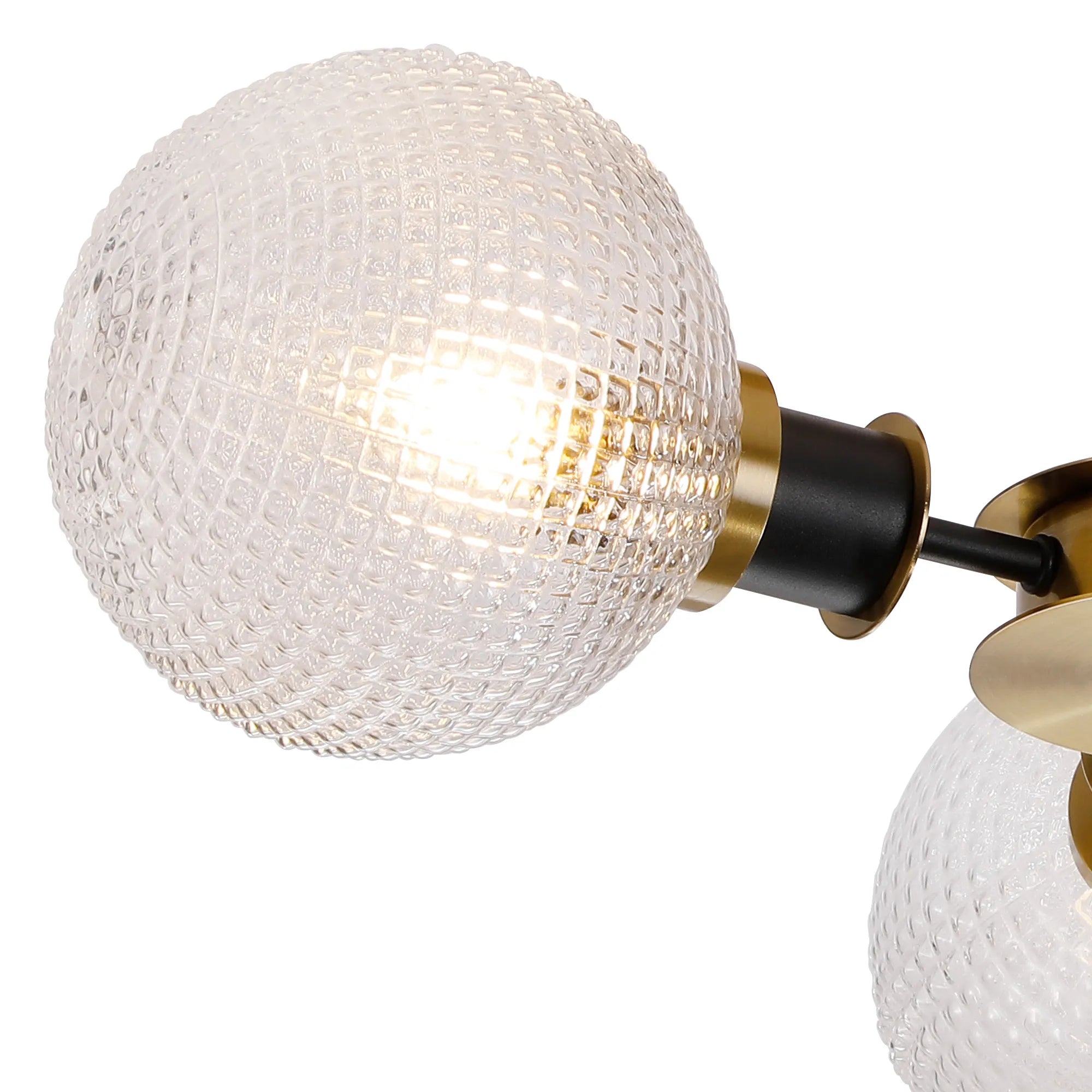Sycamore Semi Ceiliing 3 Light with 15cm Round Textured Diamond Pattern Glass Shade - Brass, Clear & Satin Black