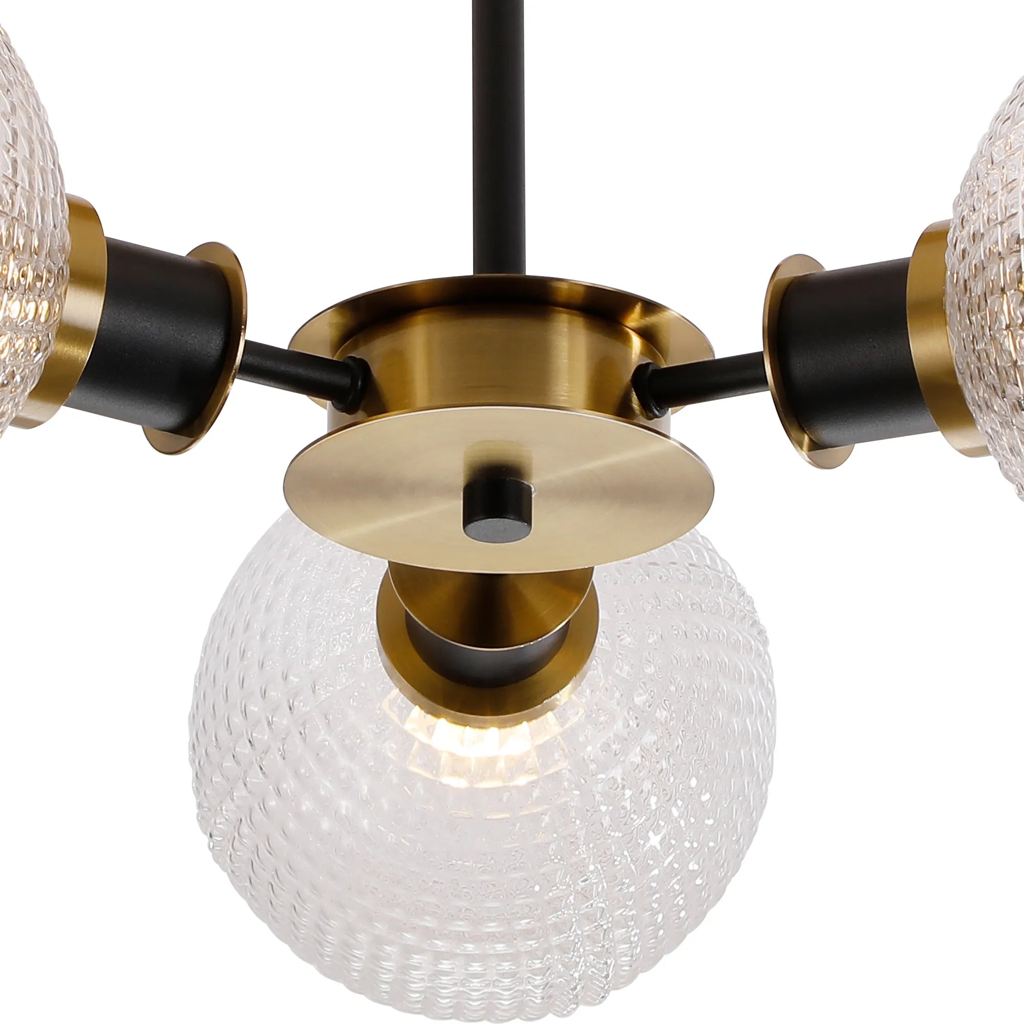 Sycamore Semi Ceiliing 3 Light with 15cm Round Textured Diamond Pattern Glass Shade - Brass, Clear & Satin Black