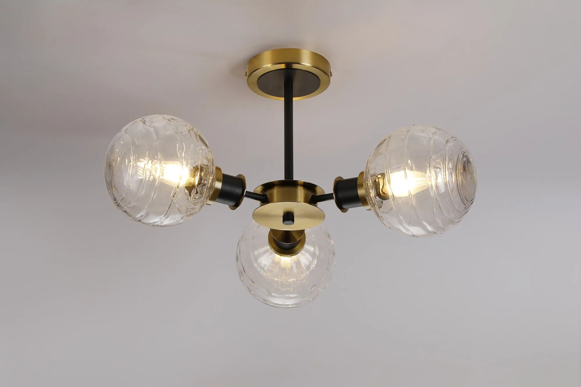 Sycamore Semi Ceiliing 3 Light with 15cm Round Textured Melting Glass Shade - Brass, Clear & Satin Black