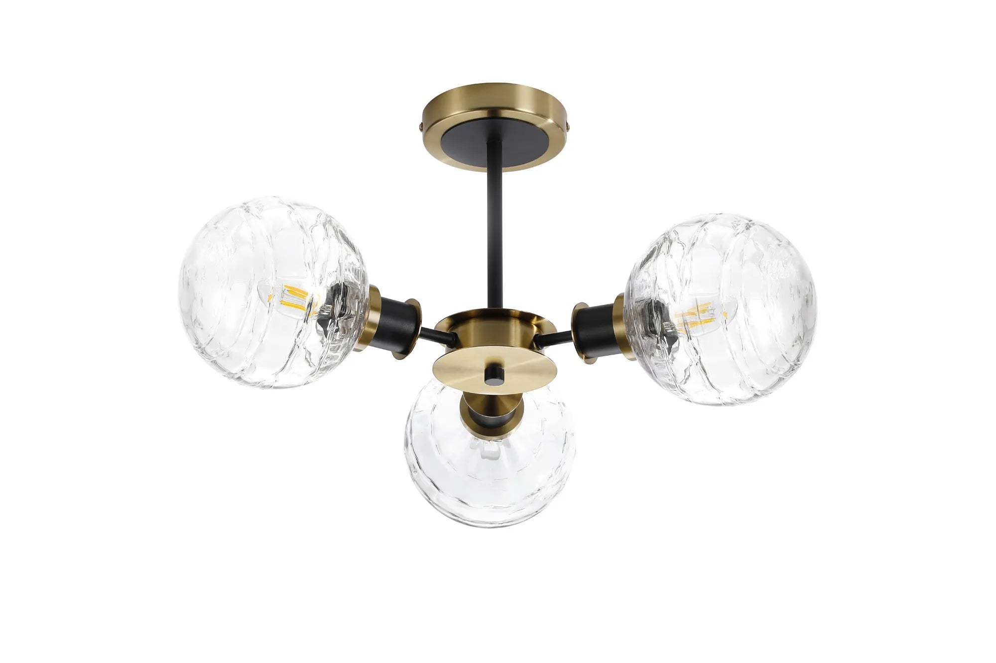 Sycamore Semi Ceiliing 3 Light with 15cm Round Textured Melting Glass Shade - Brass, Clear & Satin Black