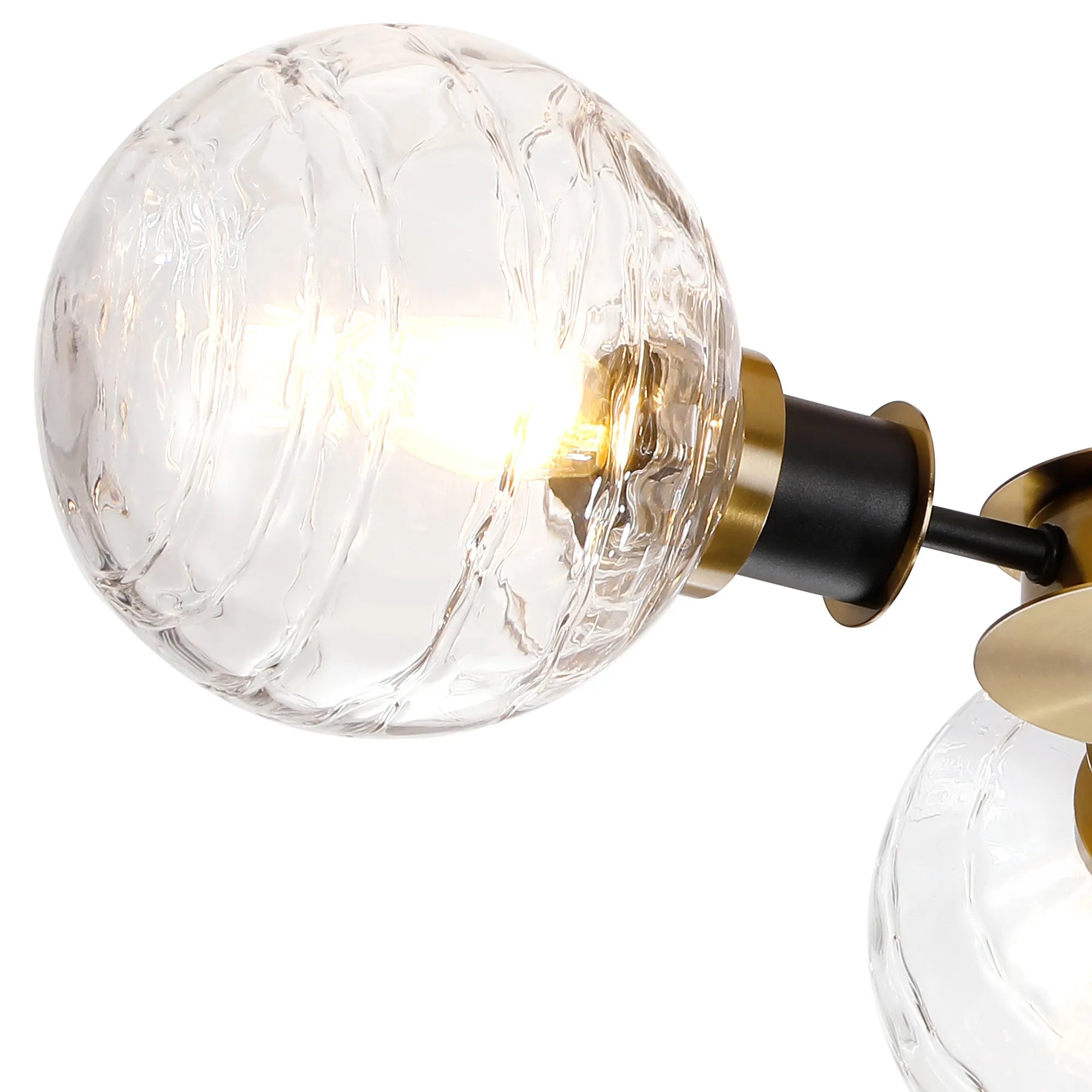 Sycamore Semi Ceiliing 3 Light with 15cm Round Textured Melting Glass Shade - Brass, Clear & Satin Black