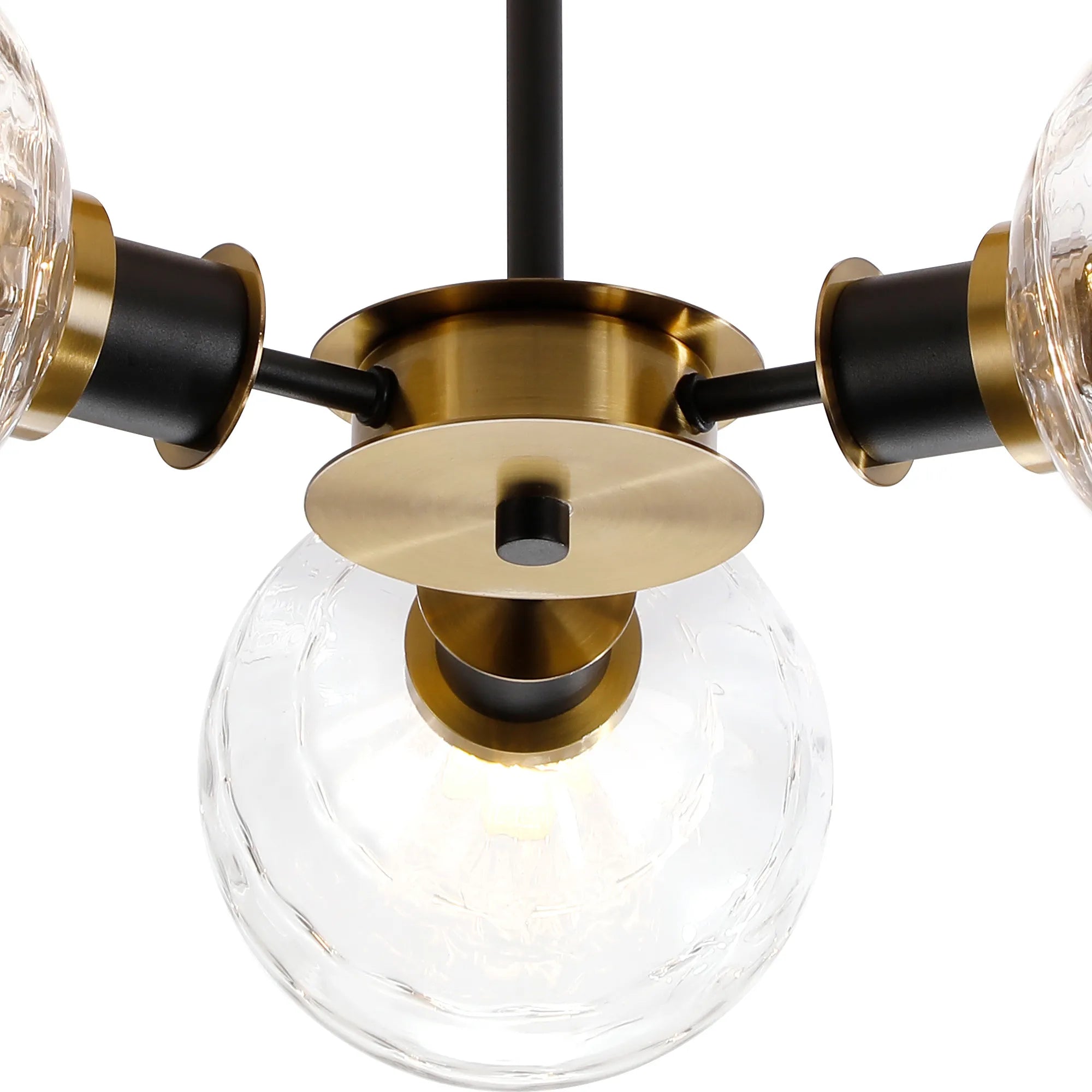 Sycamore Semi Ceiliing 3 Light with 15cm Round Textured Melting Glass Shade - Brass, Clear & Satin Black
