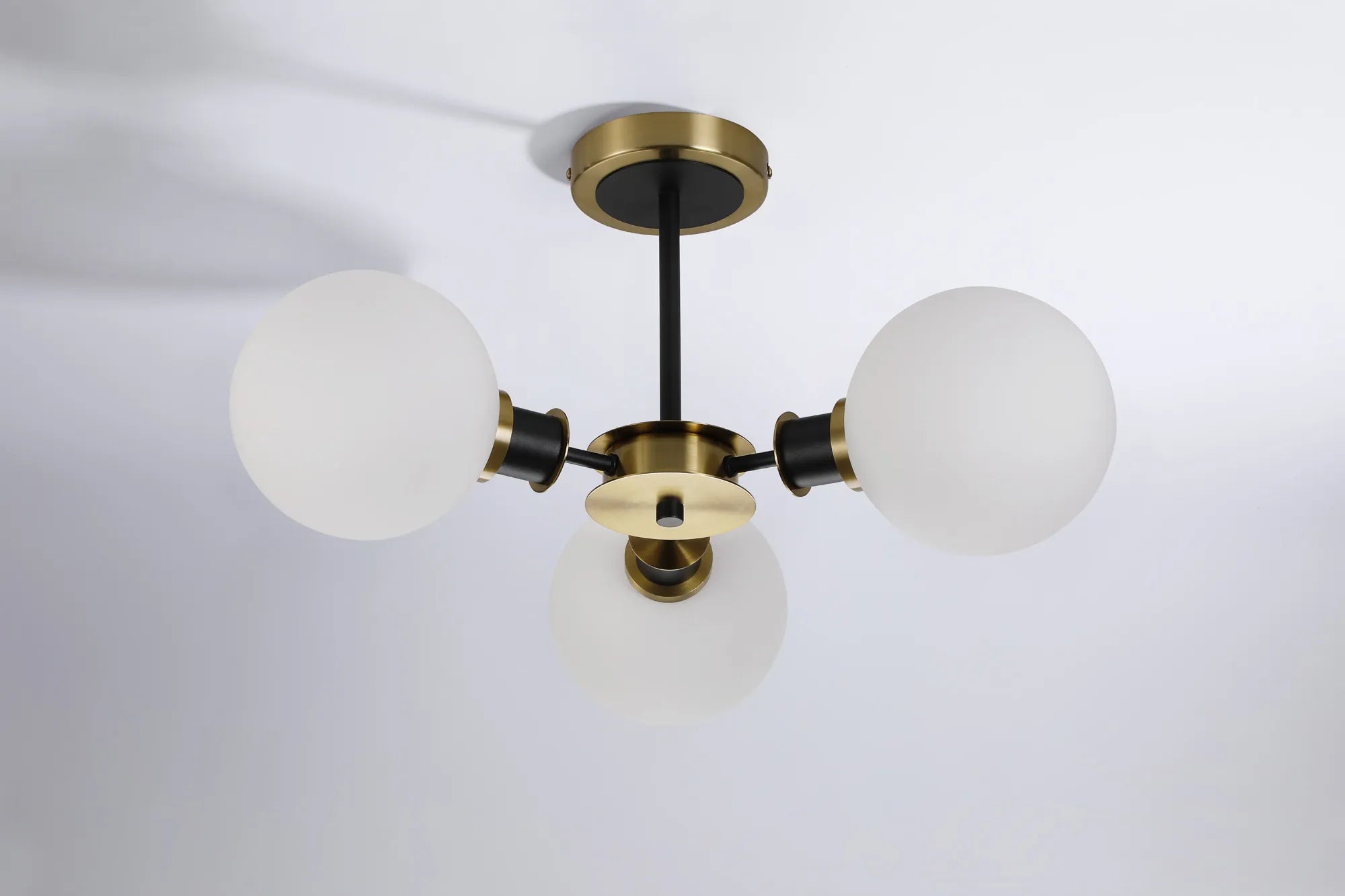 Sycamore Semi Ceiliing 3 Light with 15cm Round Glass Shade - Brass, Opal & Satin Black