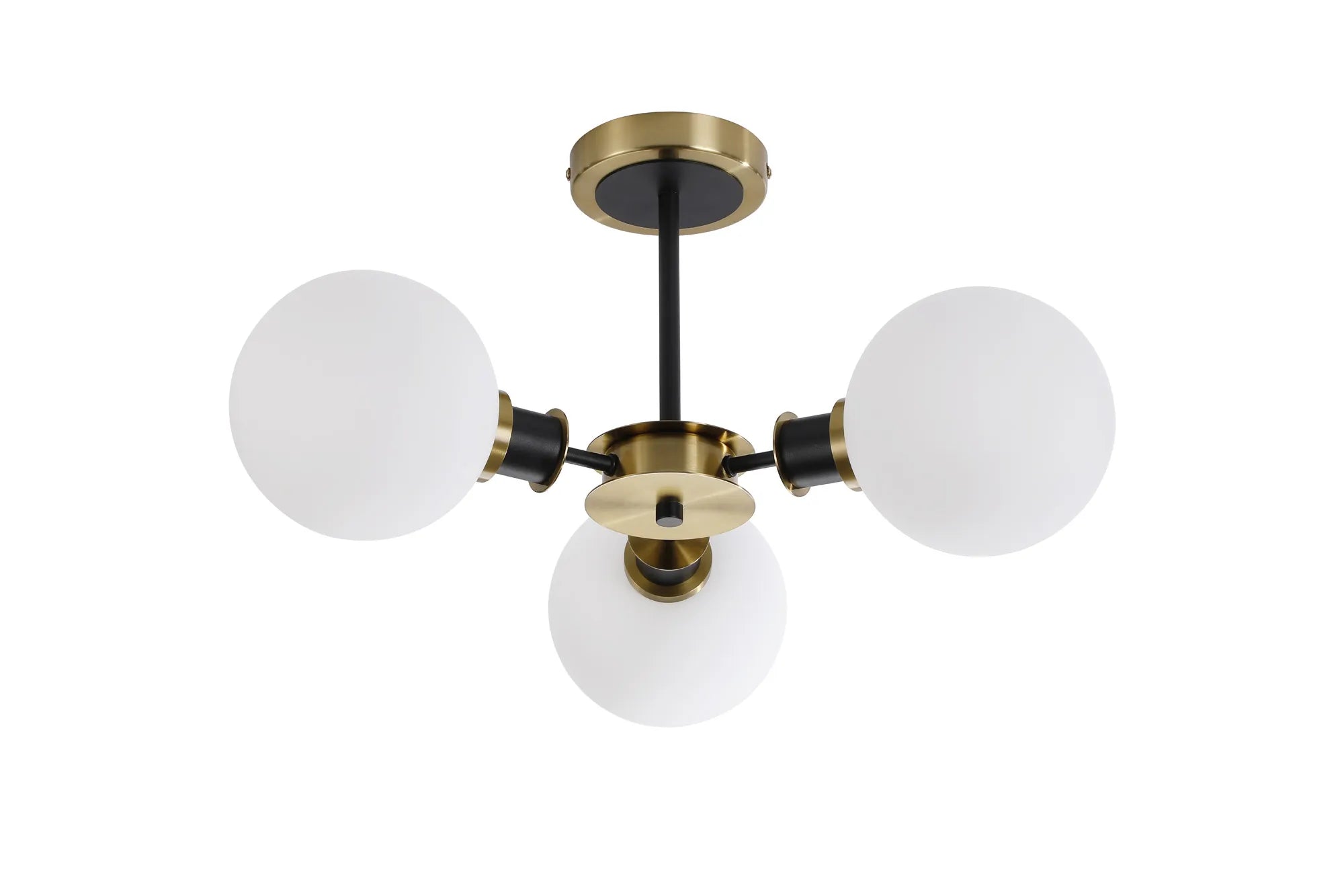 Sycamore Semi Ceiliing 3 Light with 15cm Round Glass Shade - Brass, Opal & Satin Black