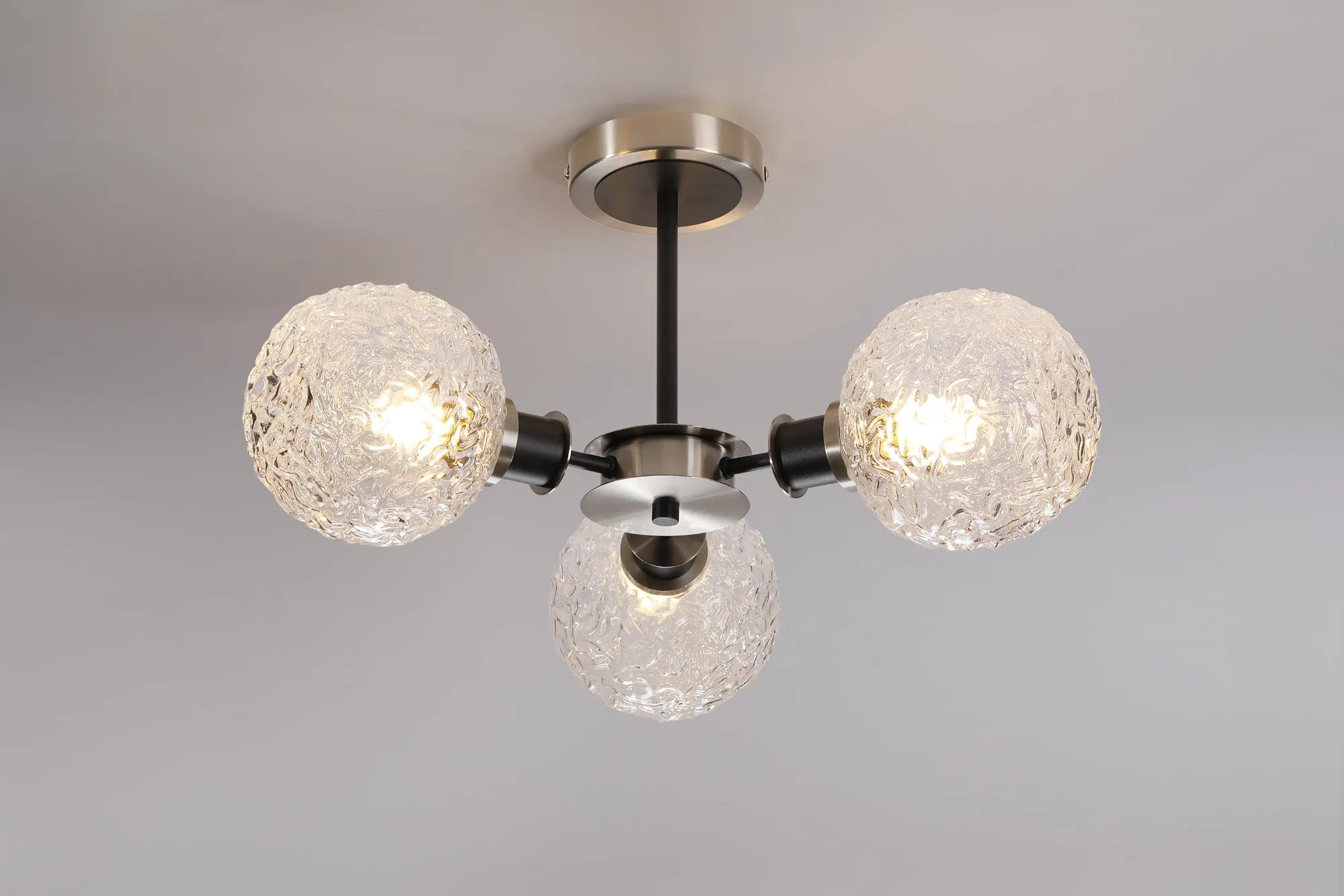Sycamore Semi Ceiliing 3 Light with 15cm Round Textured Crumple Glass Shade - Satin Nickel, Clear & Satin Black