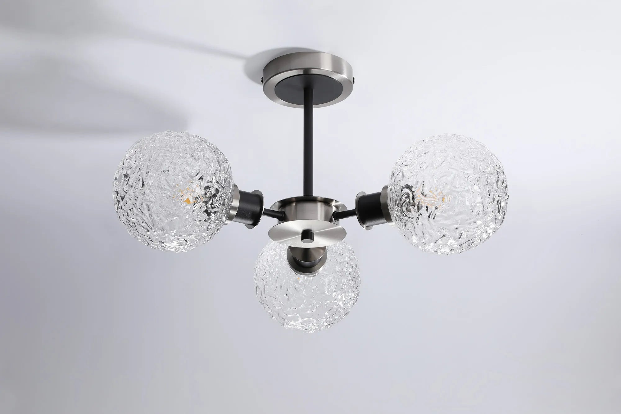 Sycamore Semi Ceiliing 3 Light with 15cm Round Textured Crumple Glass Shade - Satin Nickel, Clear & Satin Black