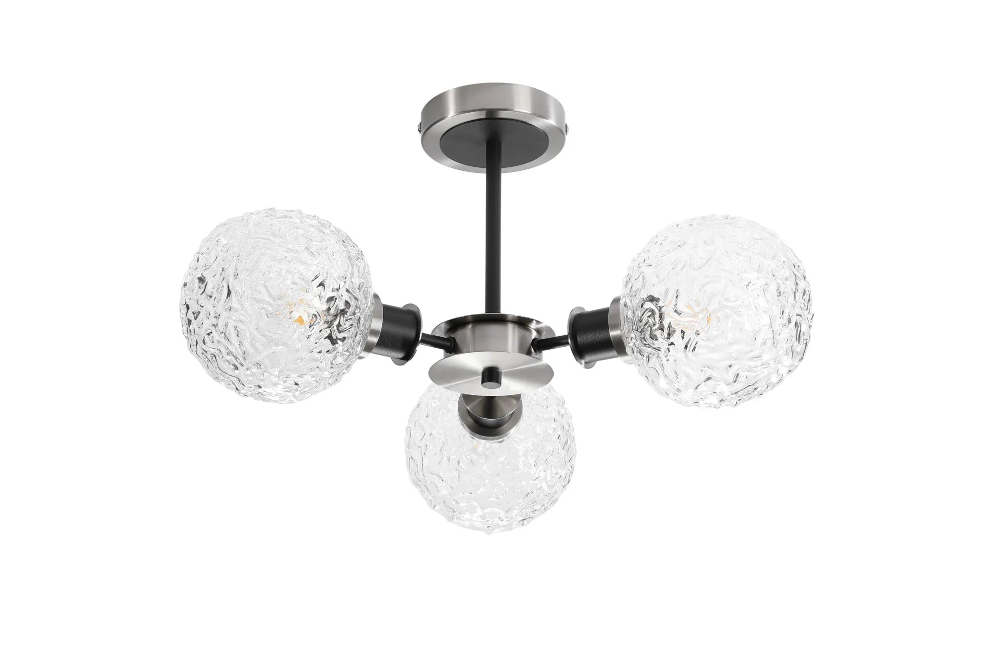 Sycamore Semi Ceiliing 3 Light with 15cm Round Textured Crumple Glass Shade - Satin Nickel, Clear & Satin Black