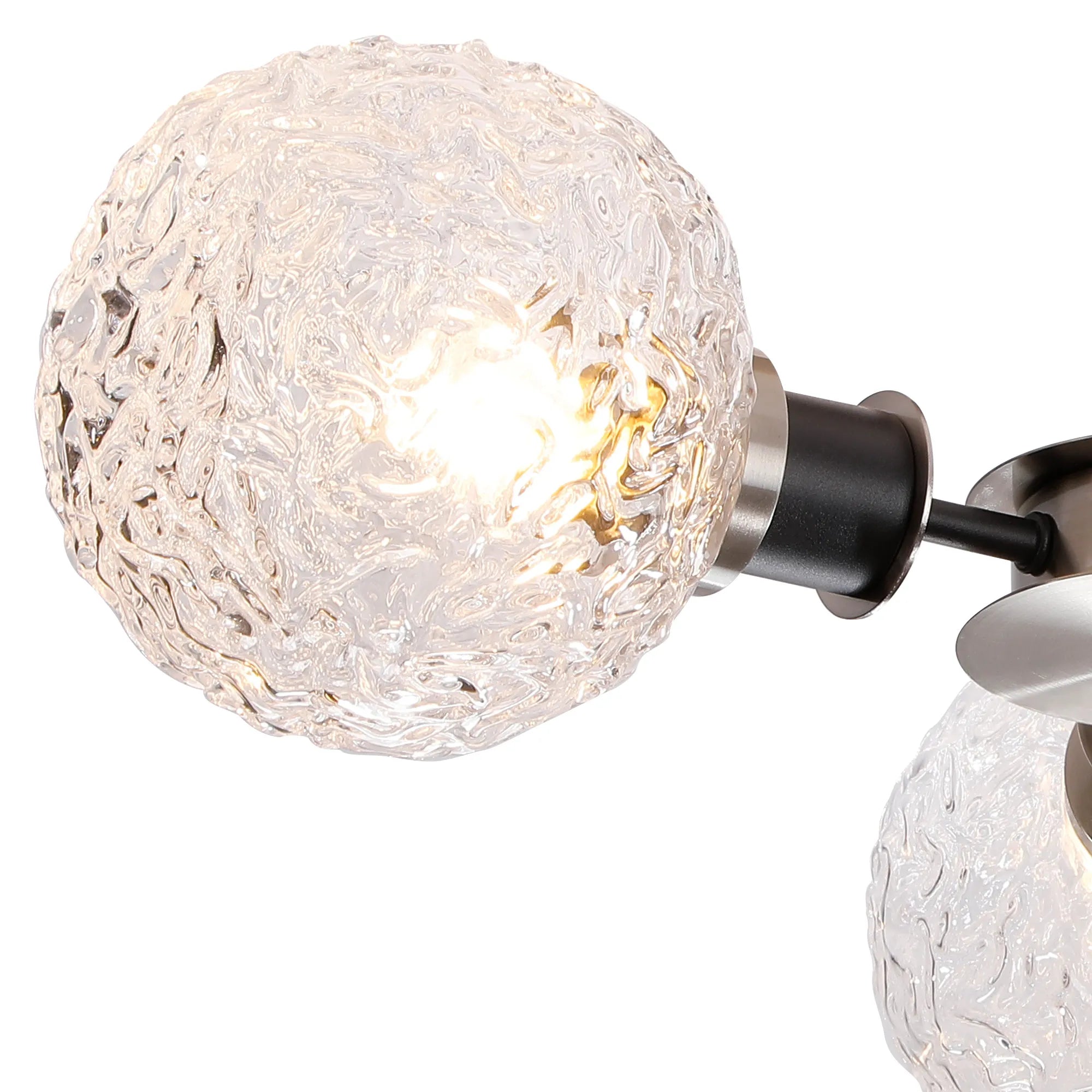 Sycamore Semi Ceiliing 3 Light with 15cm Round Textured Crumple Glass Shade - Satin Nickel, Clear & Satin Black