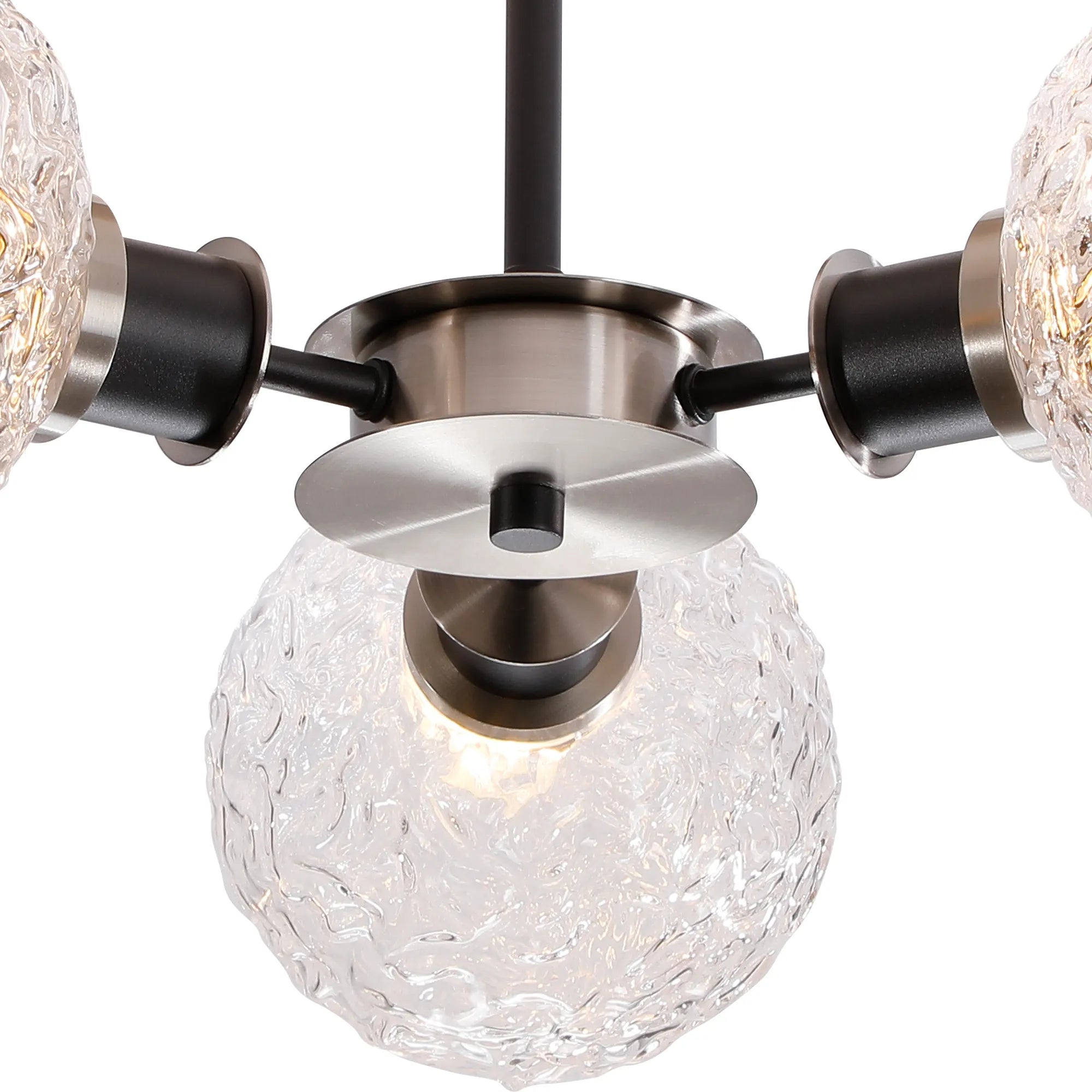 Sycamore Semi Ceiliing 3 Light with 15cm Round Textured Crumple Glass Shade - Satin Nickel, Clear & Satin Black