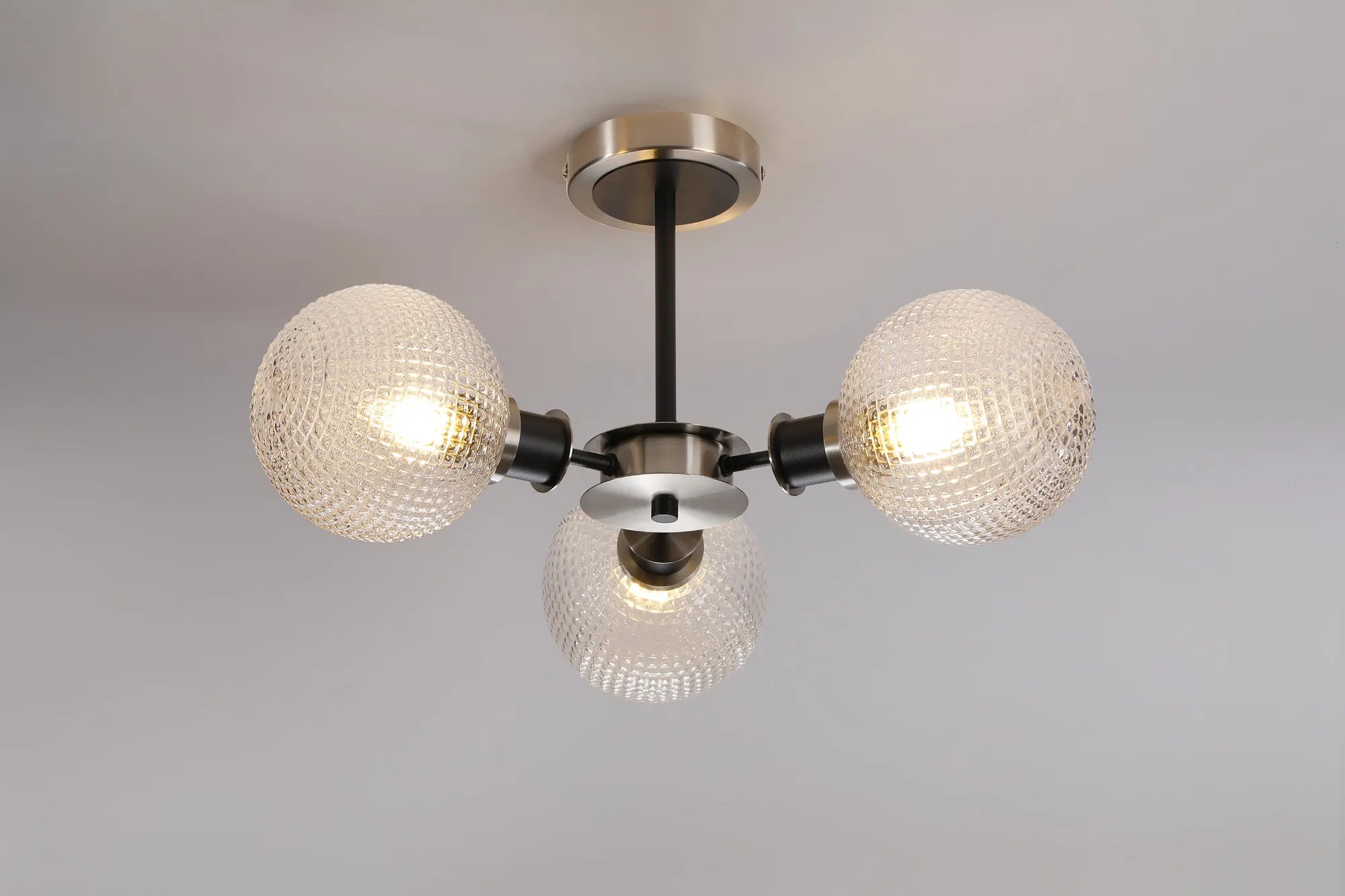 Sycamore Semi Ceiliing 3 Light with 15cm Round Textured Diamond Pattern Glass Shade - Satin Nickel, Clear & Satin Black