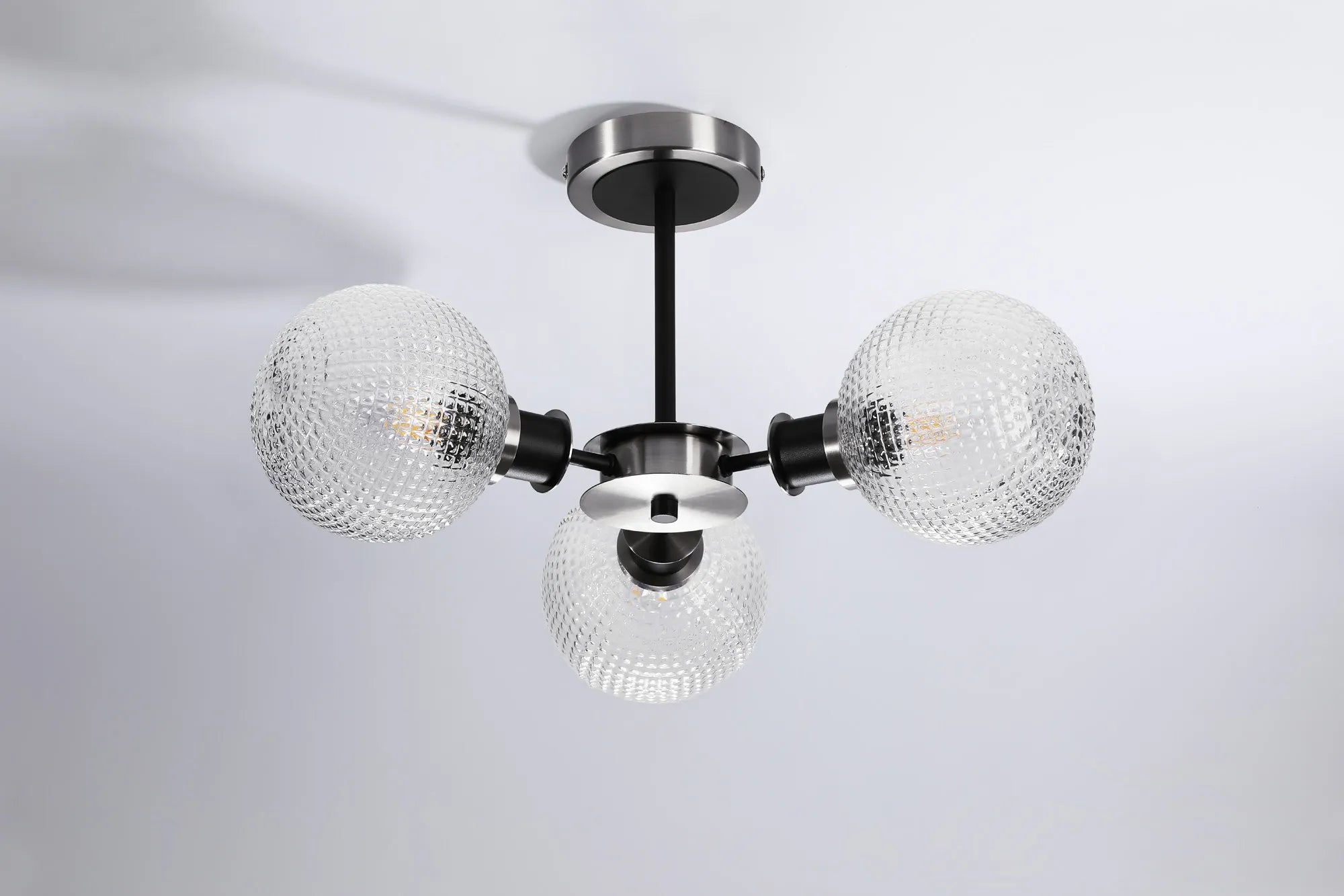 Sycamore Semi Ceiliing 3 Light with 15cm Round Textured Diamond Pattern Glass Shade - Satin Nickel, Clear & Satin Black