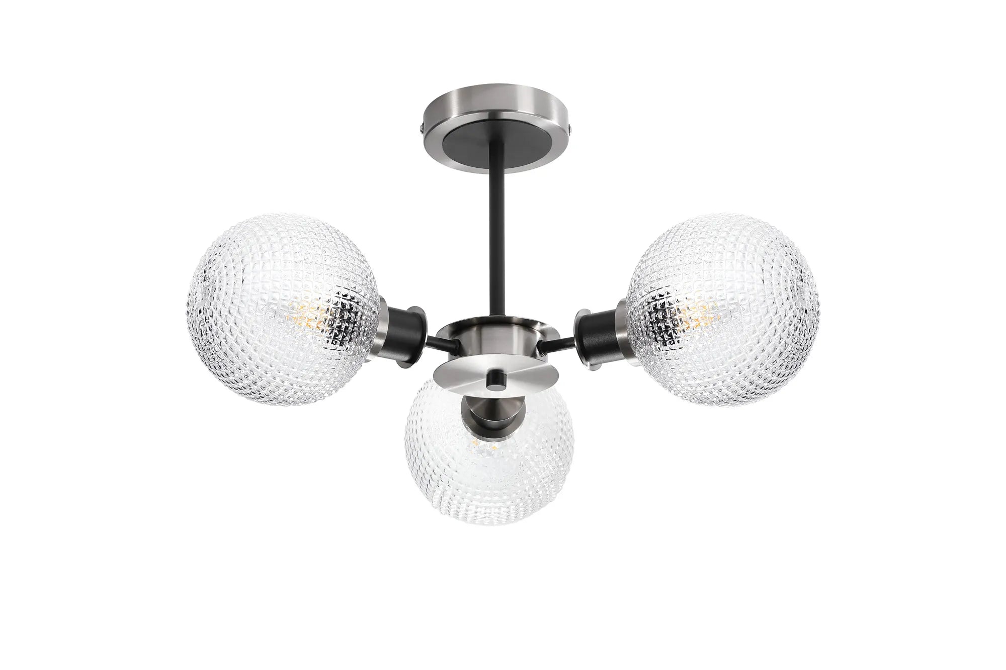 Sycamore Semi Ceiliing 3 Light with 15cm Round Textured Diamond Pattern Glass Shade - Satin Nickel, Clear & Satin Black
