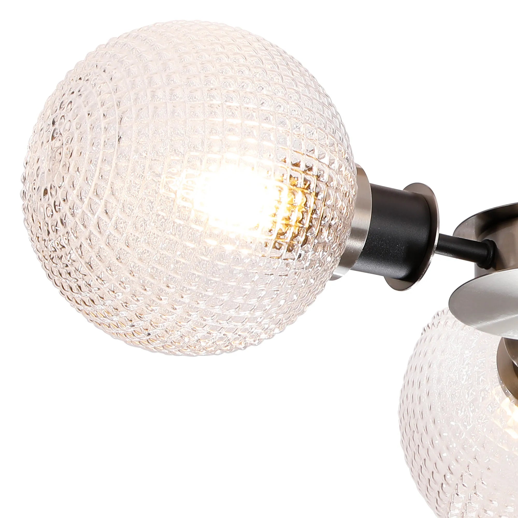 Sycamore Semi Ceiliing 3 Light with 15cm Round Textured Diamond Pattern Glass Shade - Satin Nickel, Clear & Satin Black