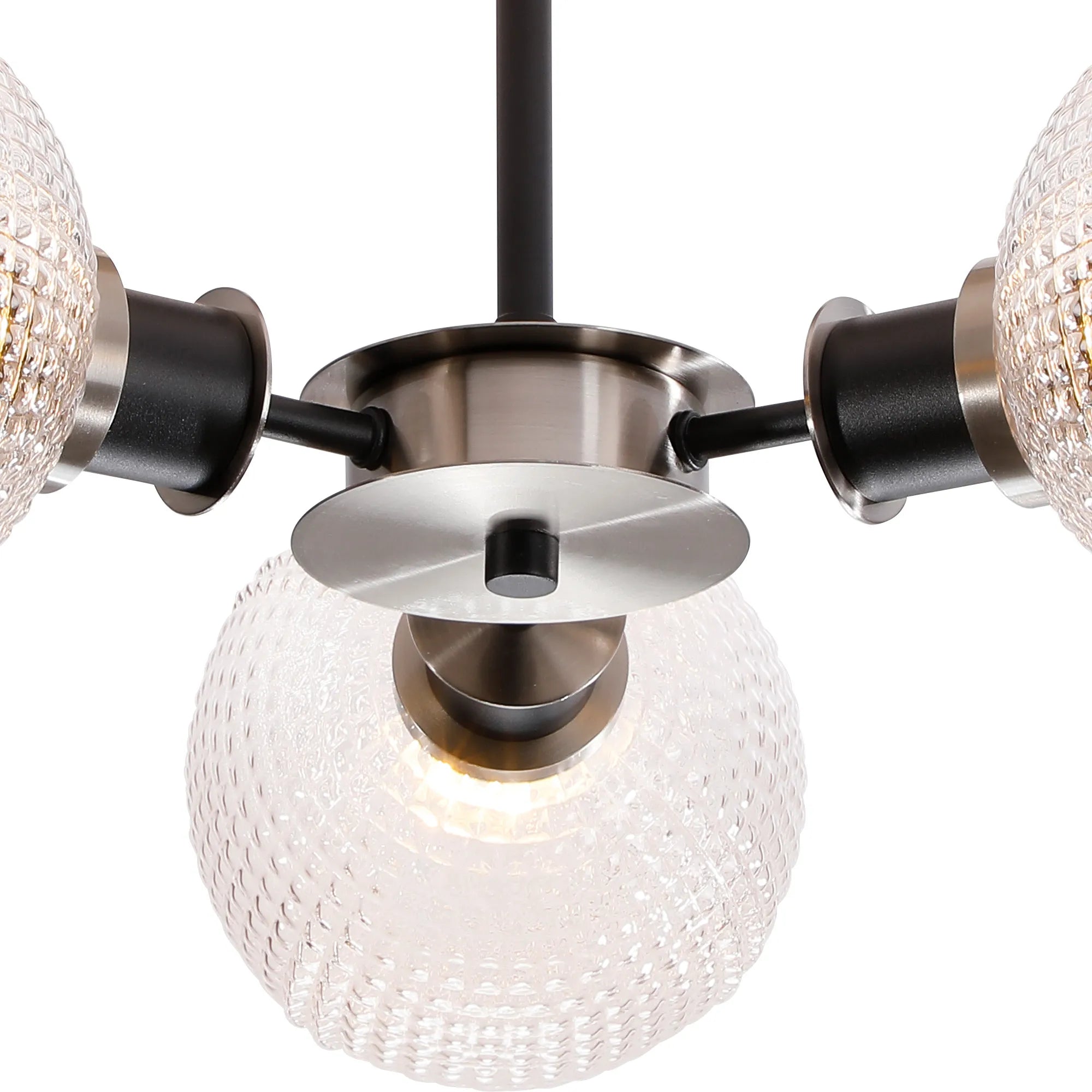 Sycamore Semi Ceiliing 3 Light with 15cm Round Textured Diamond Pattern Glass Shade - Satin Nickel, Clear & Satin Black