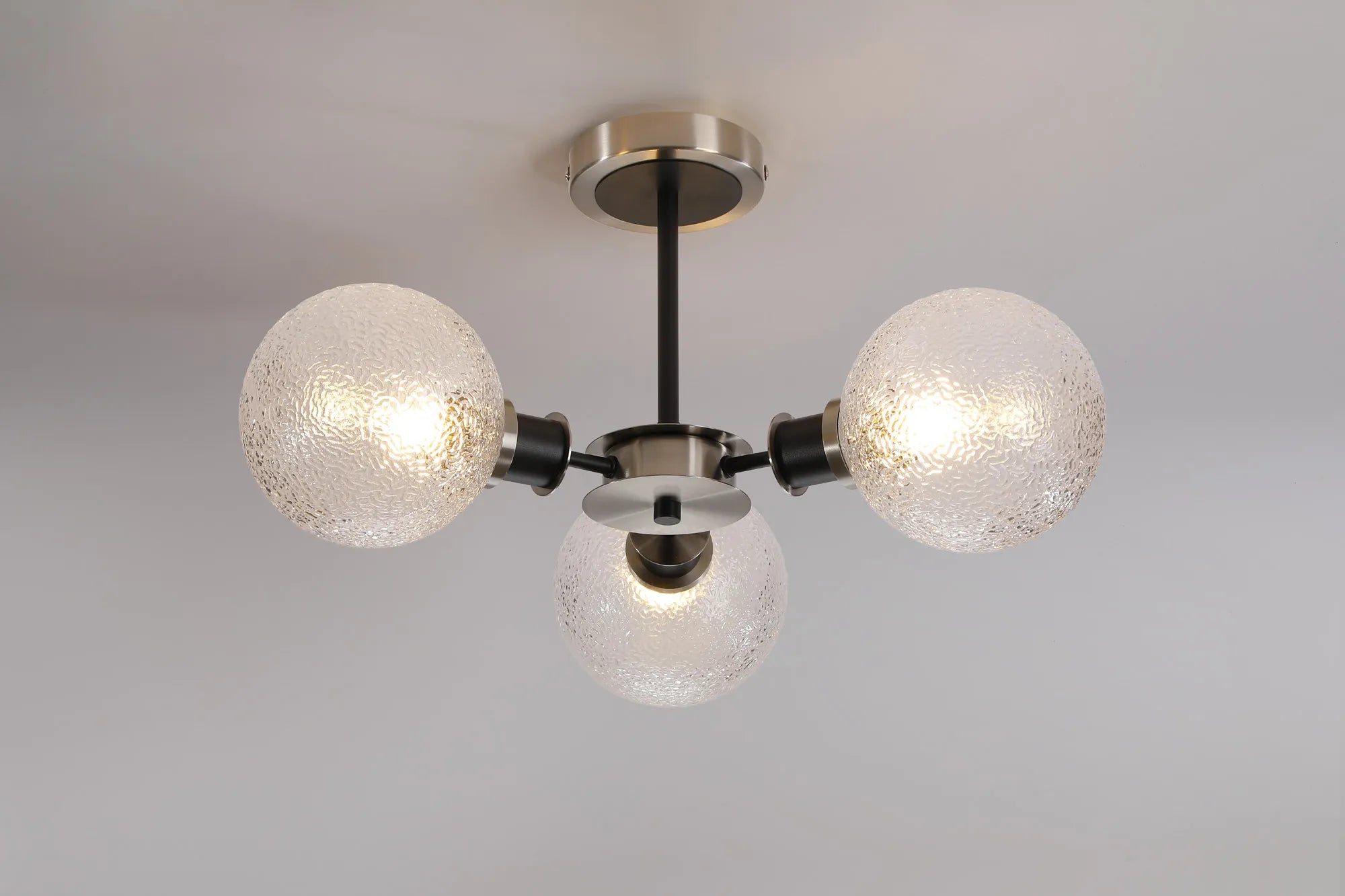 Sycamore Semi Ceiliing 3 Light with 15cm Round Dimpled Glass Shade - Satin Nickel, Clear & Satin Black