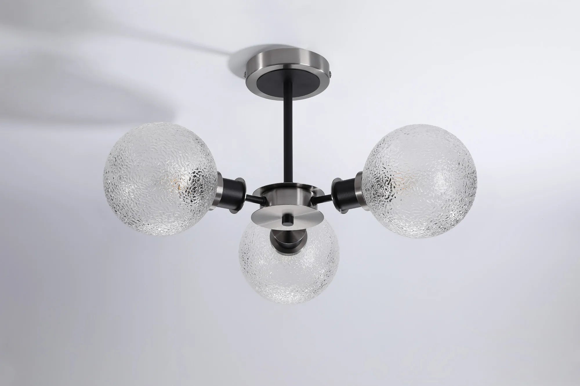 Sycamore Semi Ceiliing 3 Light with 15cm Round Dimpled Glass Shade - Satin Nickel, Clear & Satin Black