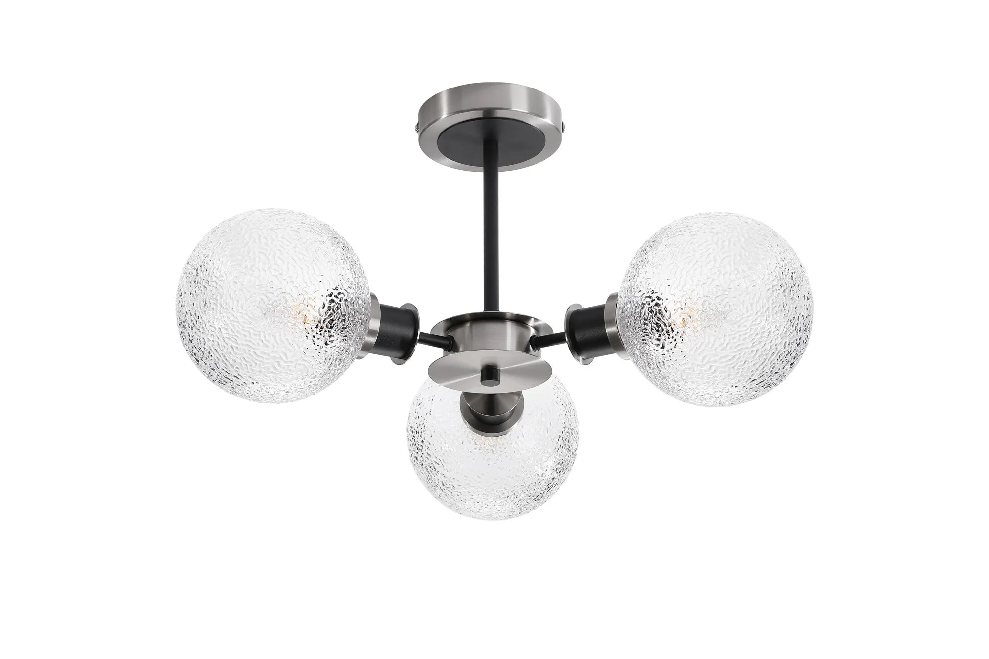 Sycamore Semi Ceiliing 3 Light with 15cm Round Dimpled Glass Shade - Satin Nickel, Clear & Satin Black