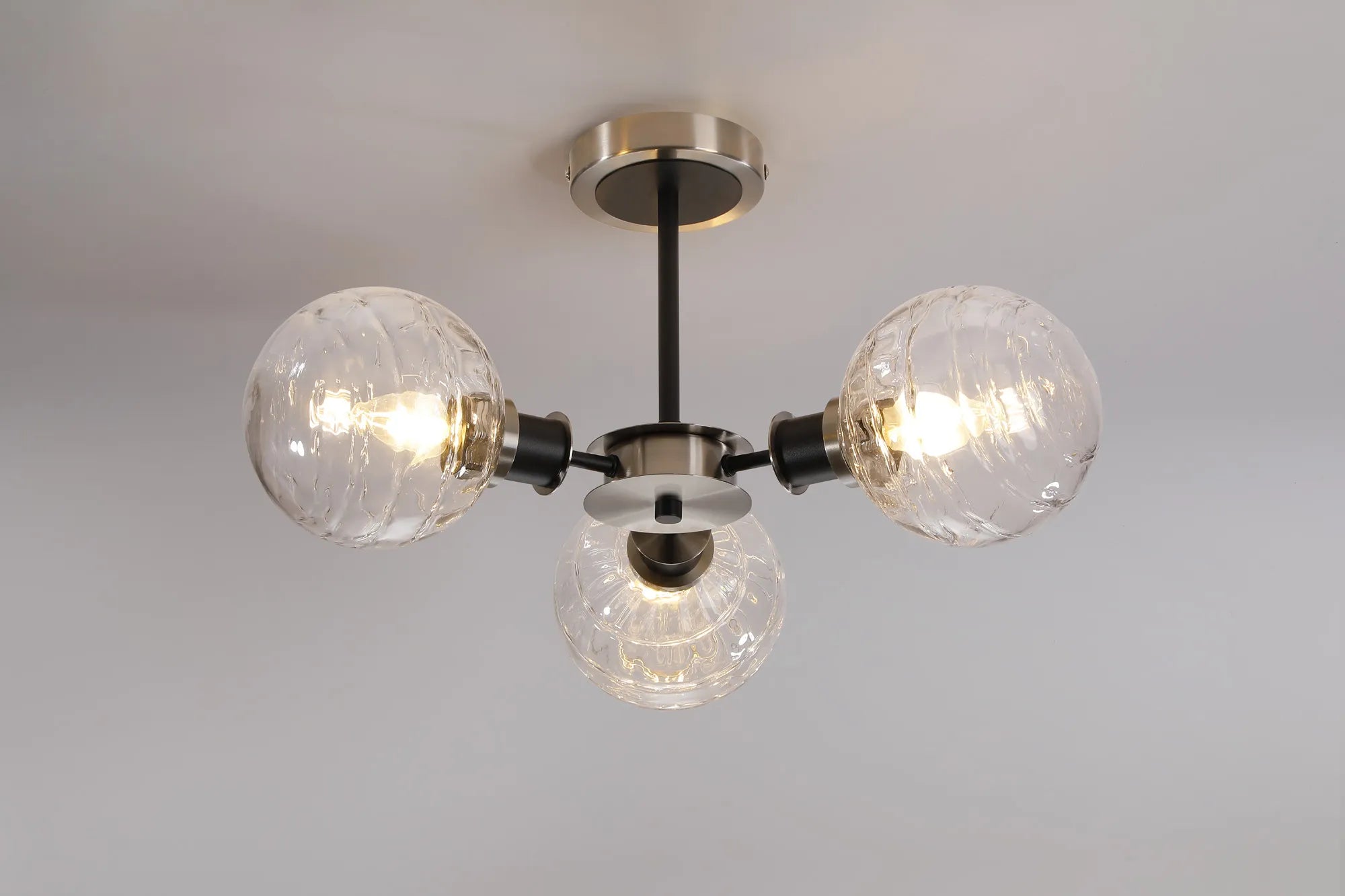 Sycamore Semi Ceiliing 3 Light with 15cm Round Textured Melting Glass Shade - Satin Nickel, Clear & Satin Black