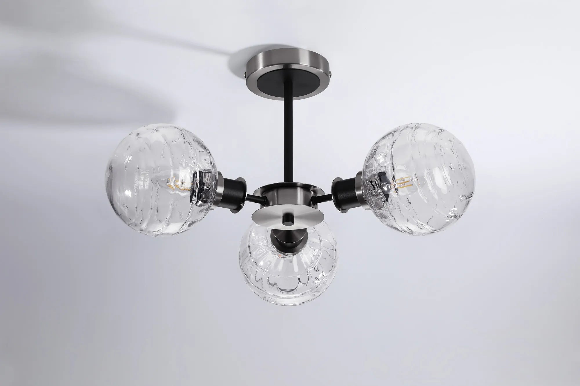 Sycamore Semi Ceiliing 3 Light with 15cm Round Textured Melting Glass Shade - Satin Nickel, Clear & Satin Black