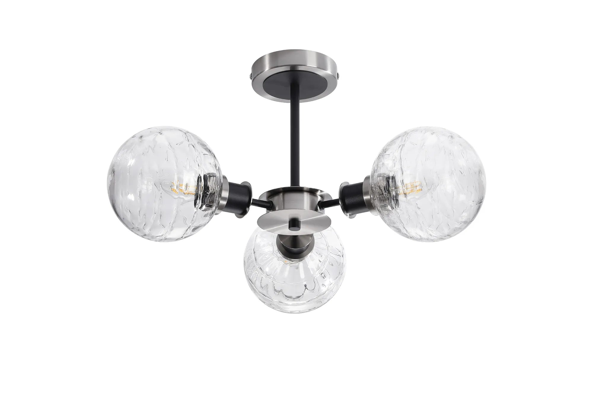 Sycamore Semi Ceiliing 3 Light with 15cm Round Textured Melting Glass Shade - Satin Nickel, Clear & Satin Black