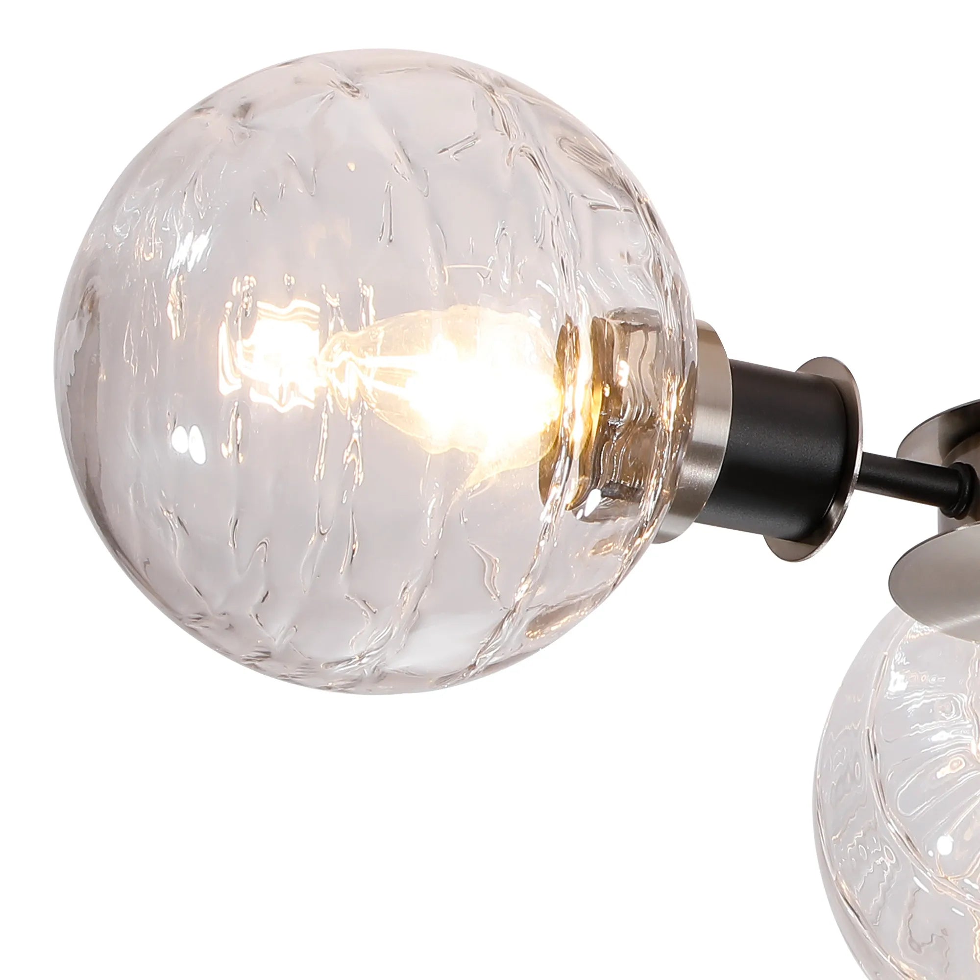 Sycamore Semi Ceiliing 3 Light with 15cm Round Textured Melting Glass Shade - Satin Nickel, Clear & Satin Black