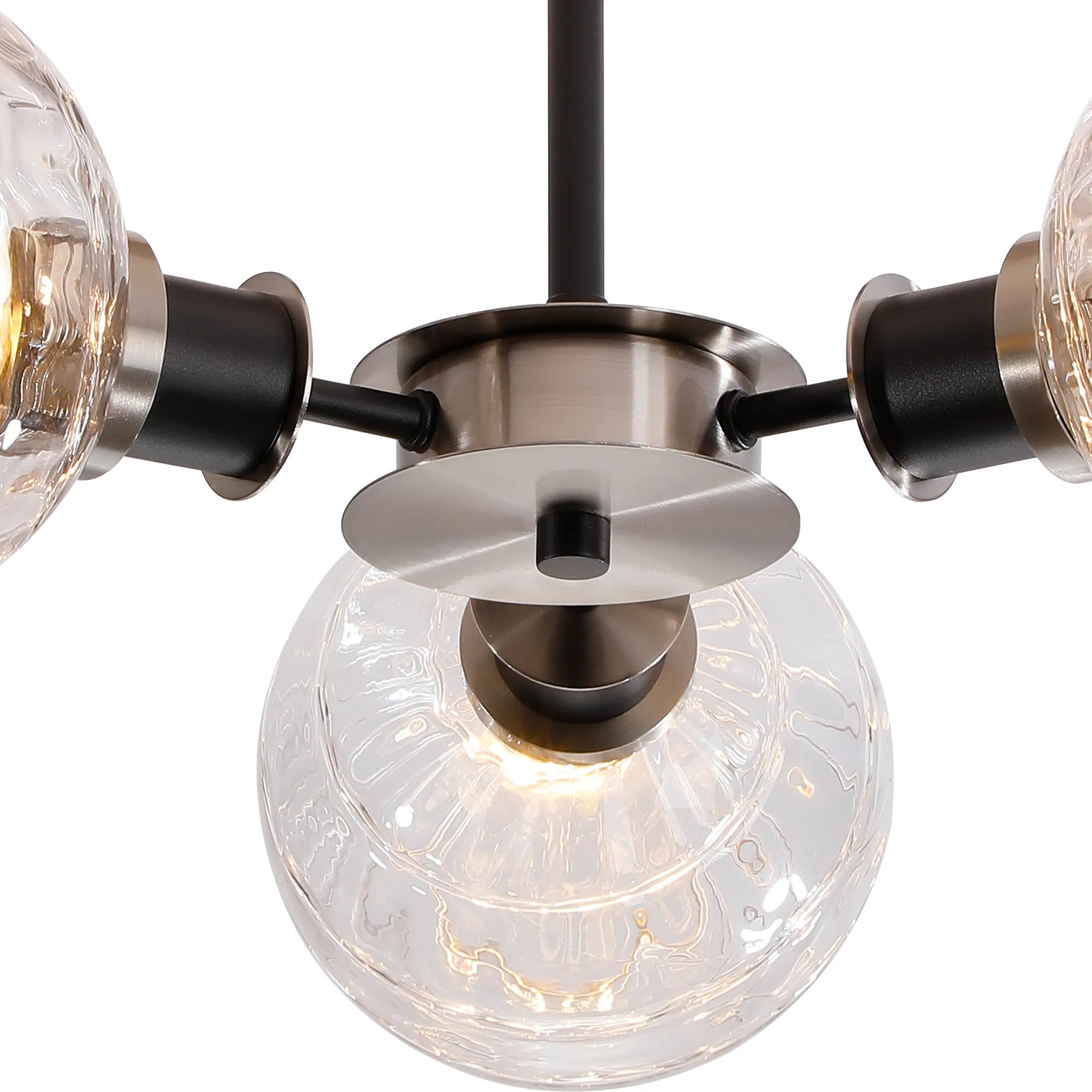 Sycamore Semi Ceiliing 3 Light with 15cm Round Textured Melting Glass Shade - Satin Nickel, Clear & Satin Black