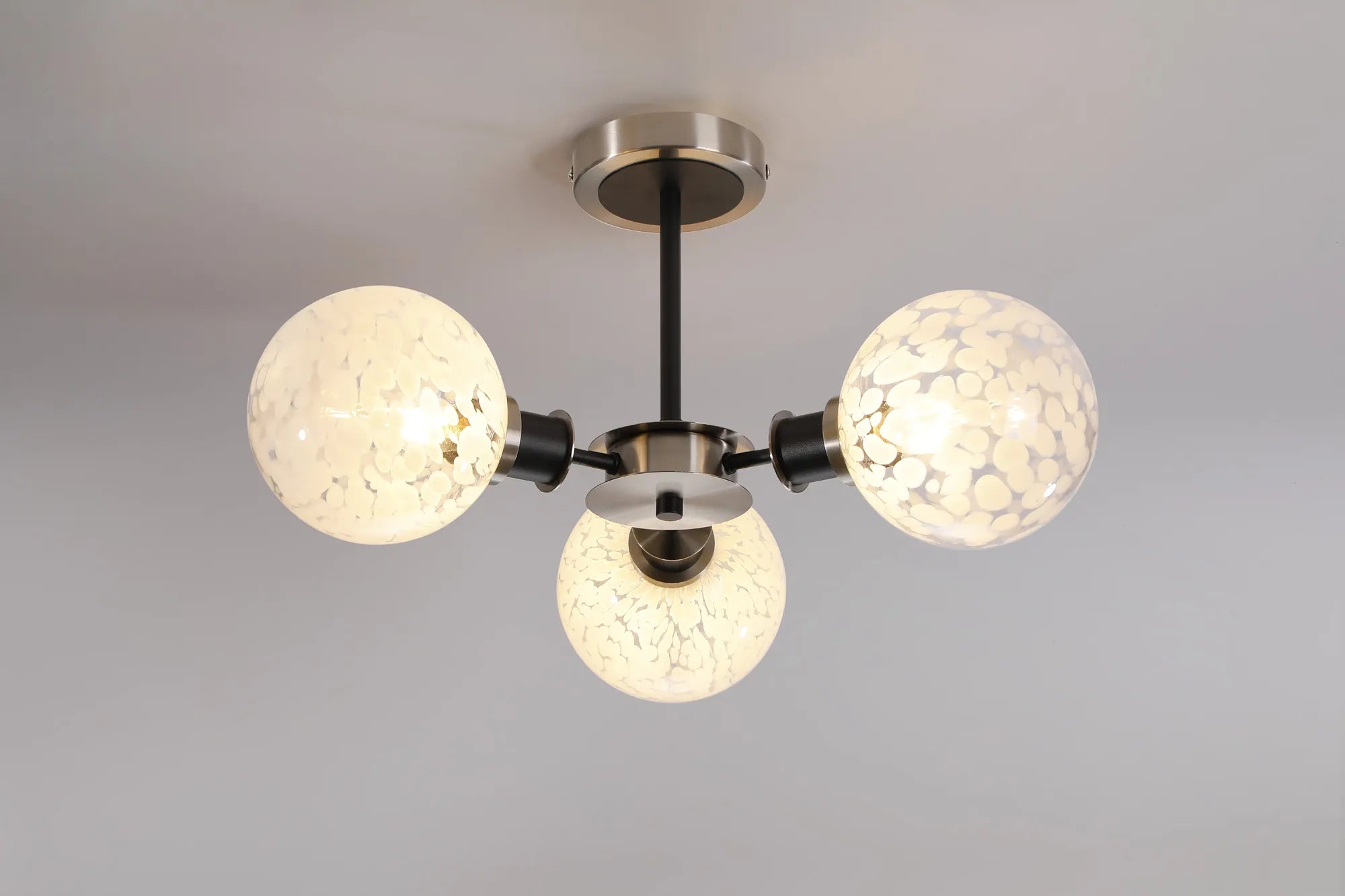 Sycamore Semi Ceiliing 3 Light with 15cm Round Speckled Glass Shade - Satin Nickel, White & Satin Black
