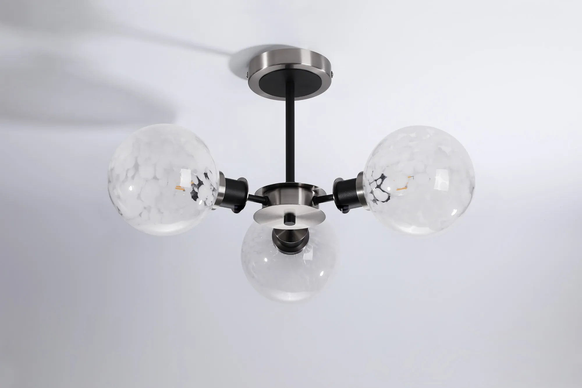 Sycamore Semi Ceiliing 3 Light with 15cm Round Speckled Glass Shade - Satin Nickel, White & Satin Black
