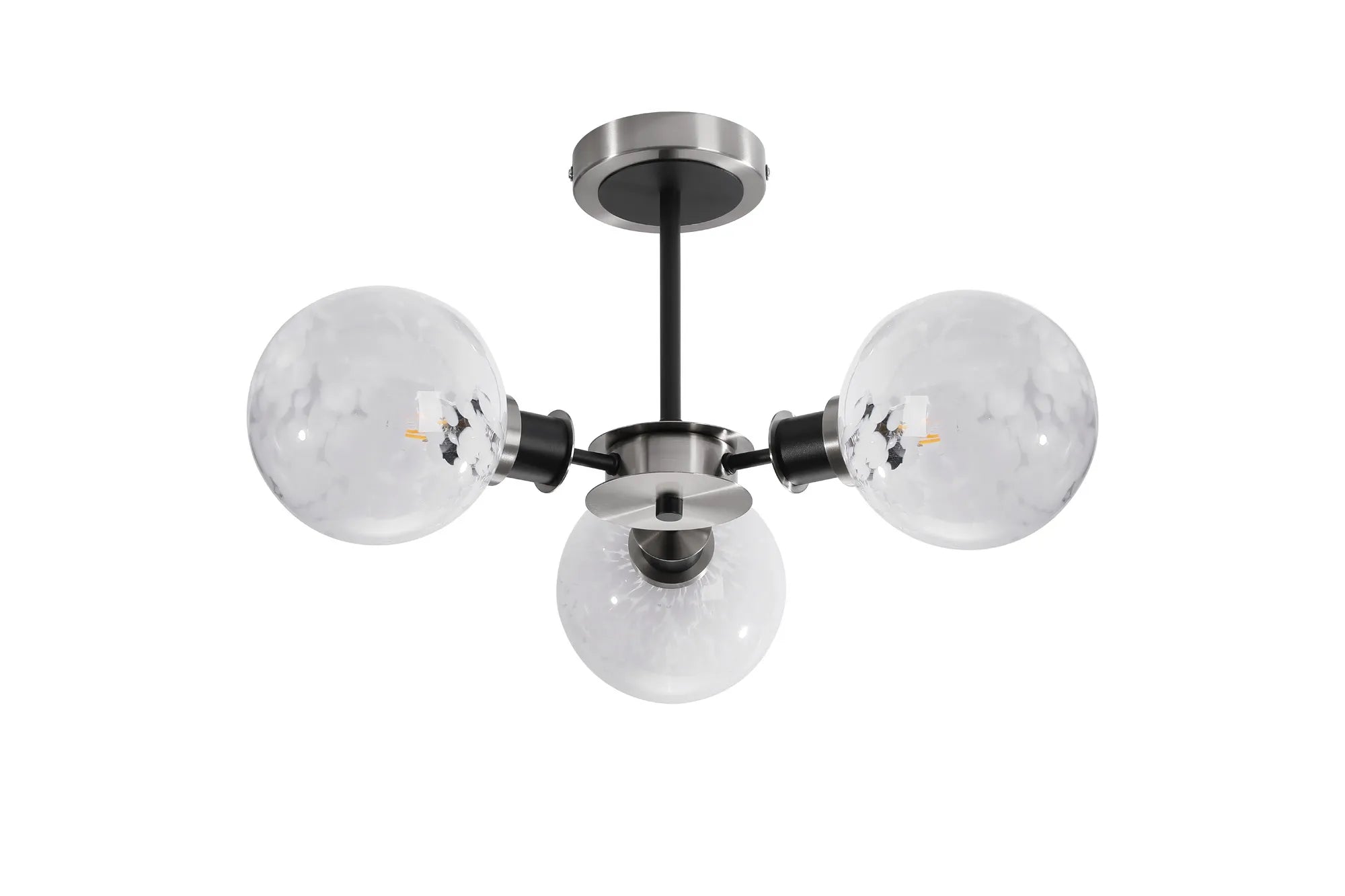 Sycamore Semi Ceiliing 3 Light with 15cm Round Speckled Glass Shade - Satin Nickel, White & Satin Black