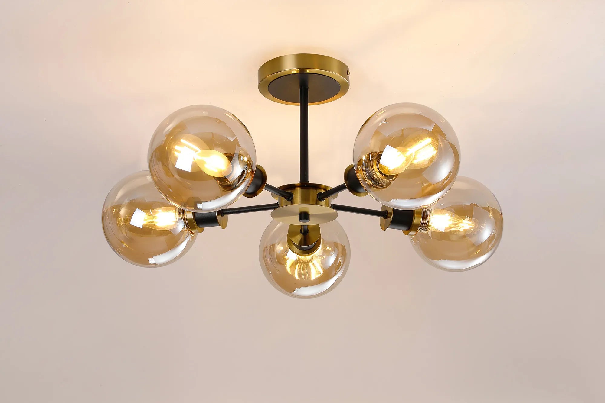 Sycamore Semi Ceiliing 5 Light with 15cm Round Glass Shade - Brass, Amber Plated & Satin Black