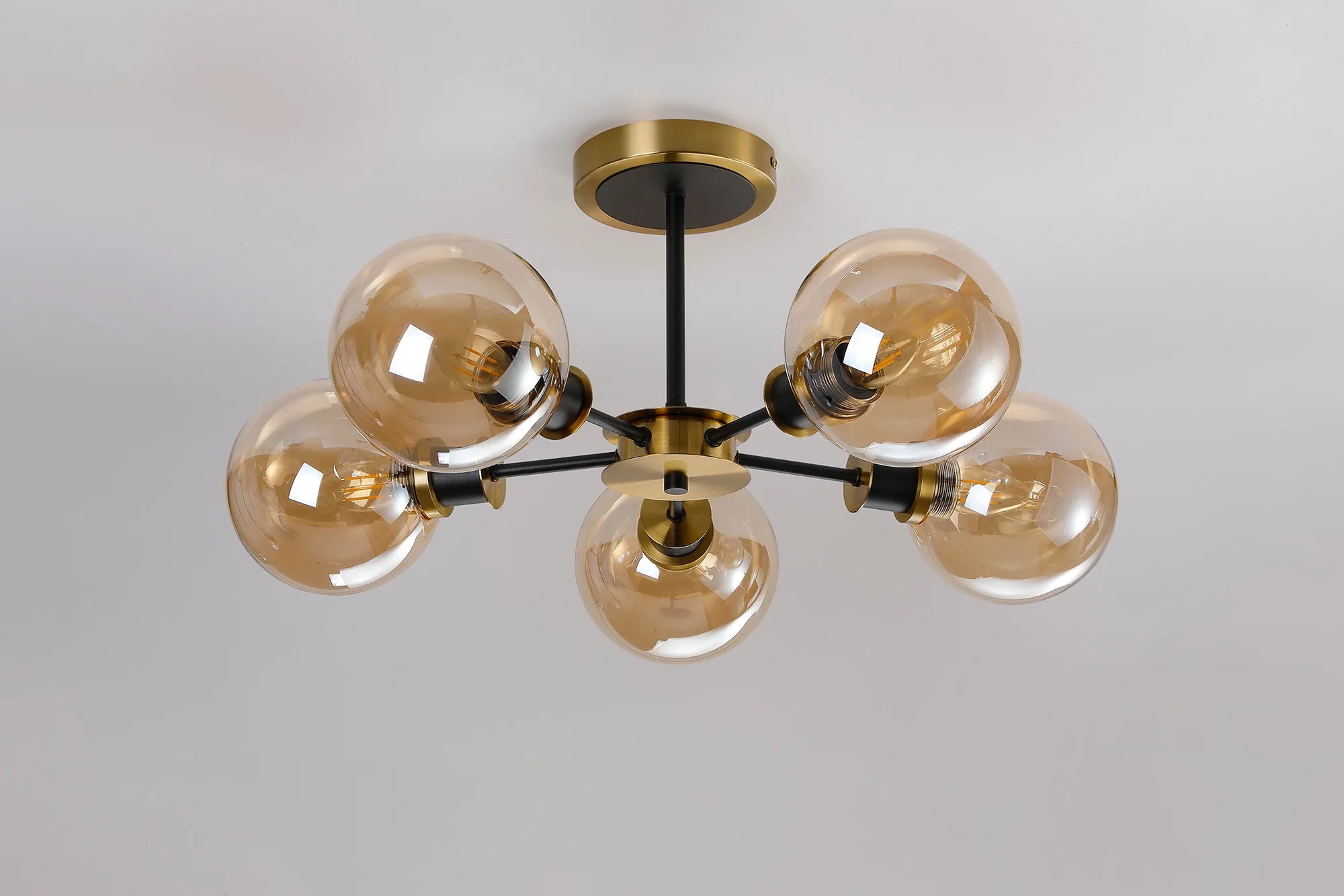 Sycamore Semi Ceiliing 5 Light with 15cm Round Glass Shade - Brass, Amber Plated & Satin Black