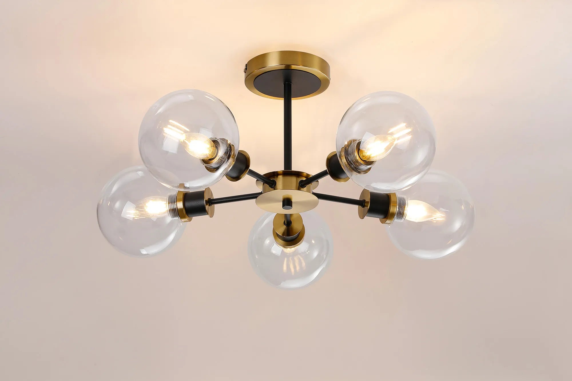 Sycamore Semi Ceiliing 5 Light with 15cm Round Glass Shade - Brass, Clear & Satin Black