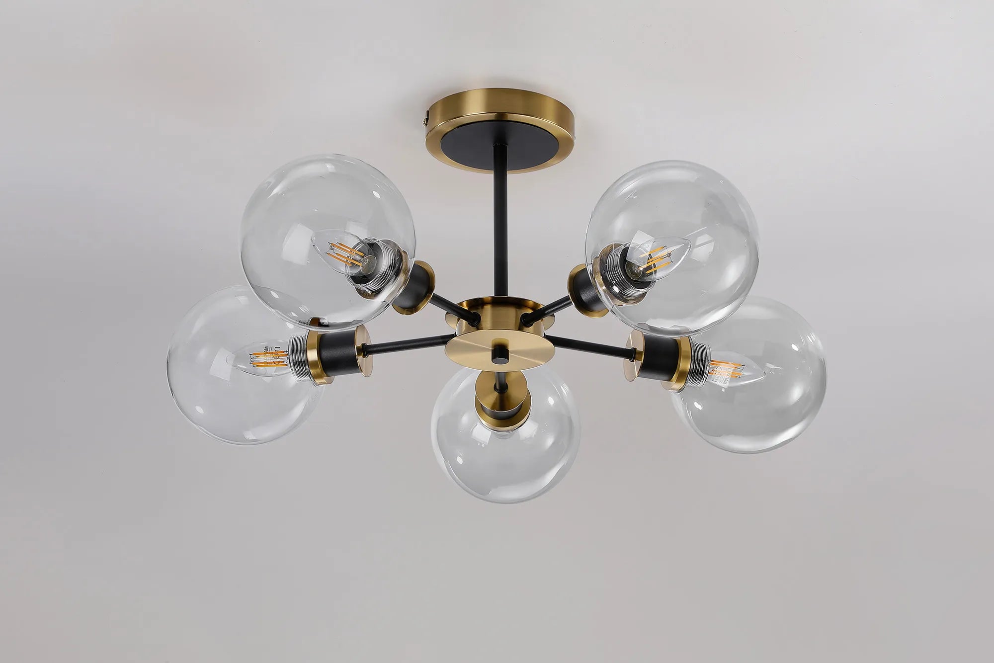 Sycamore Semi Ceiliing 5 Light with 15cm Round Glass Shade - Brass, Clear & Satin Black