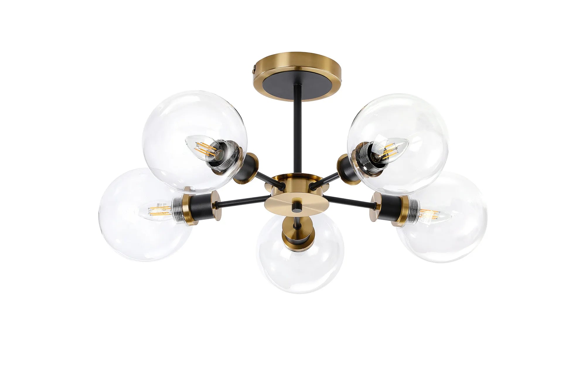 Sycamore Semi Ceiliing 5 Light with 15cm Round Glass Shade - Brass, Clear & Satin Black