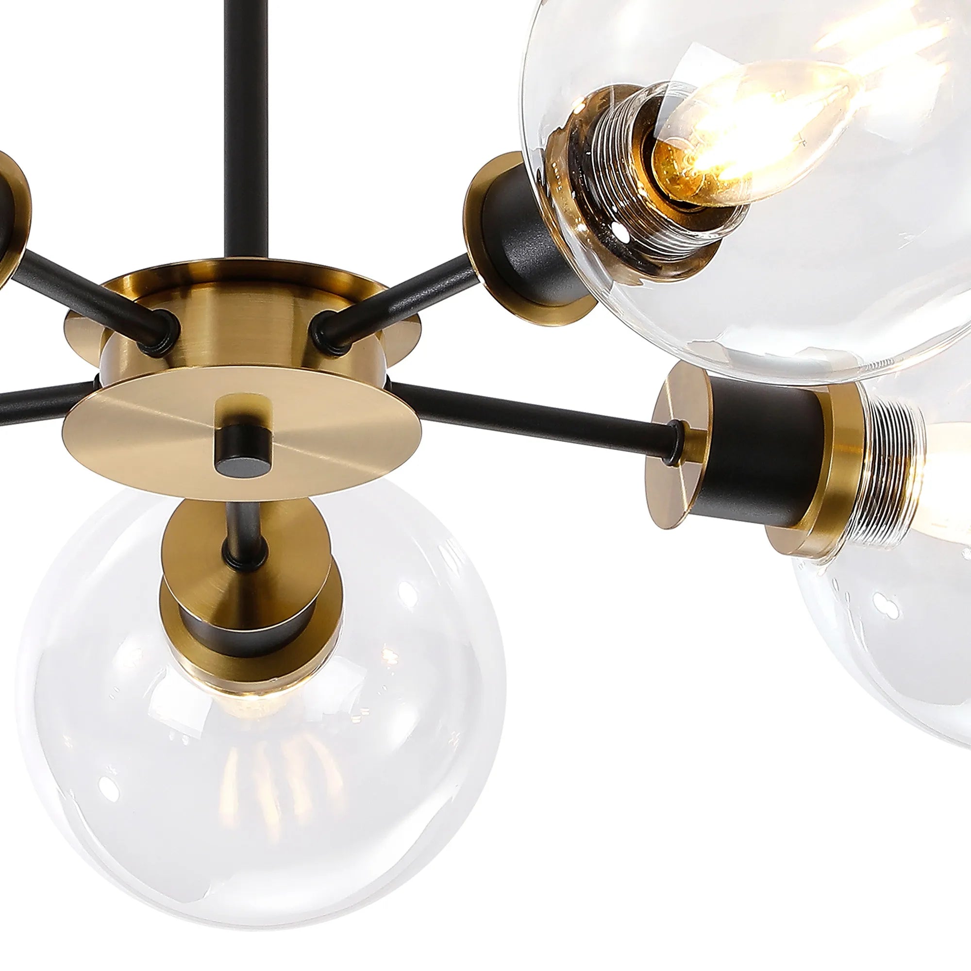 Sycamore Semi Ceiliing 5 Light with 15cm Round Glass Shade - Brass, Clear & Satin Black