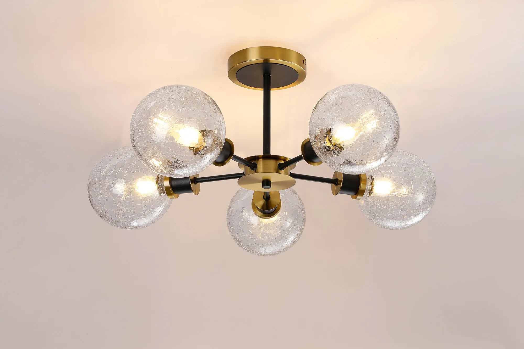 Sycamore Semi Ceiliing 5 Light with 15cm Round Crackled Glass Shade - Brass, Clear & Satin Black