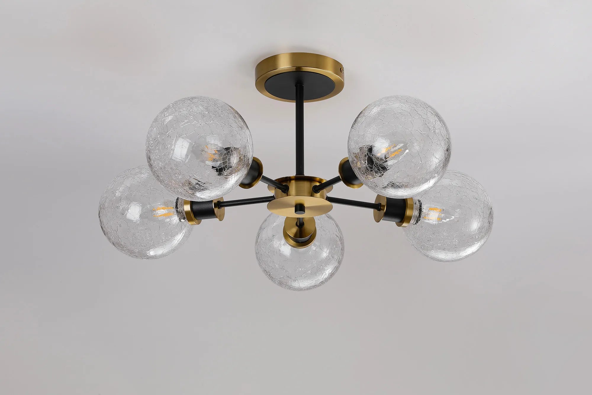 Sycamore Semi Ceiliing 5 Light with 15cm Round Crackled Glass Shade - Brass, Clear & Satin Black