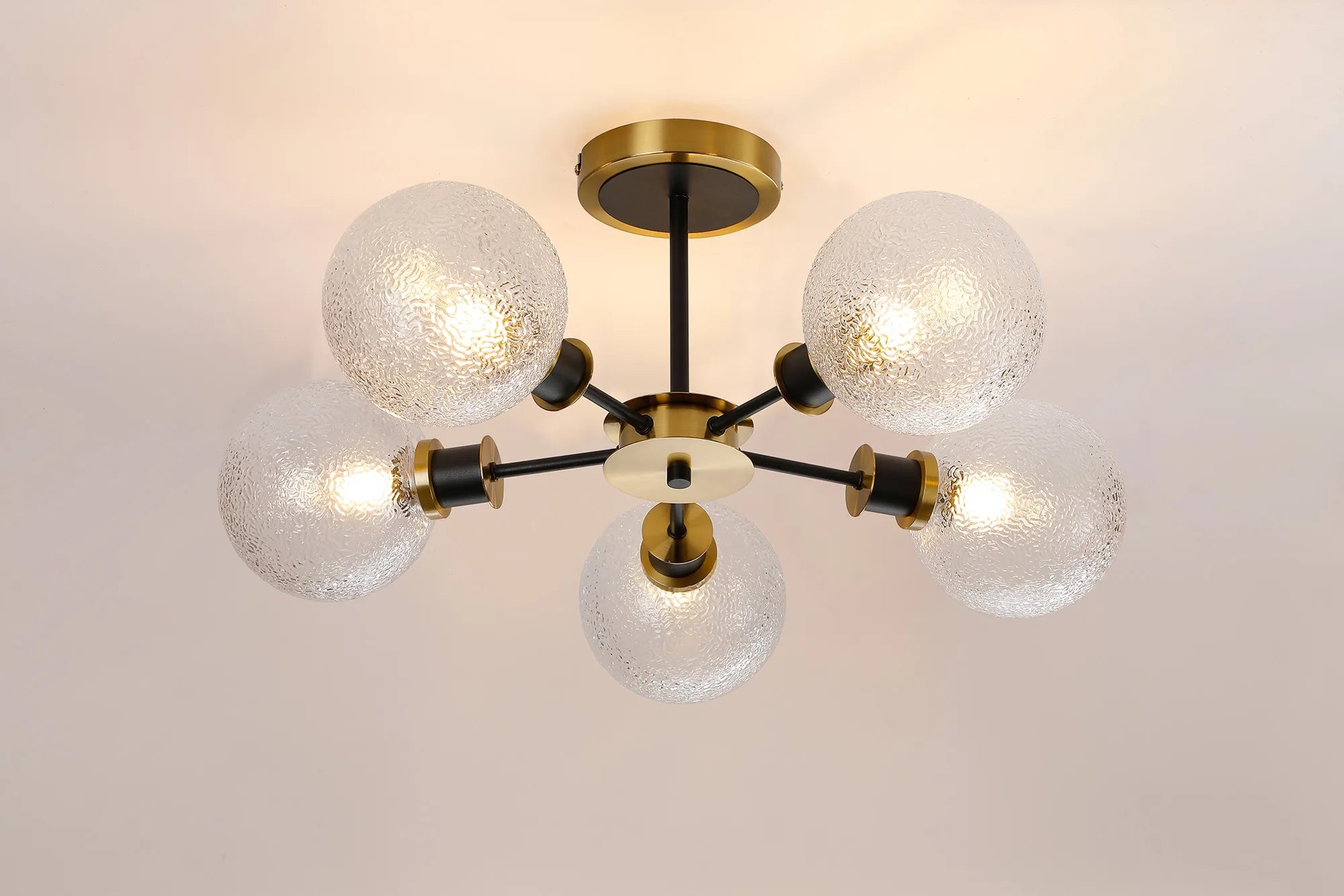 Sycamore Semi Ceiliing 5 Light with 15cm Round Dimpled Glass Shade - Brass, Clear & Satin Black