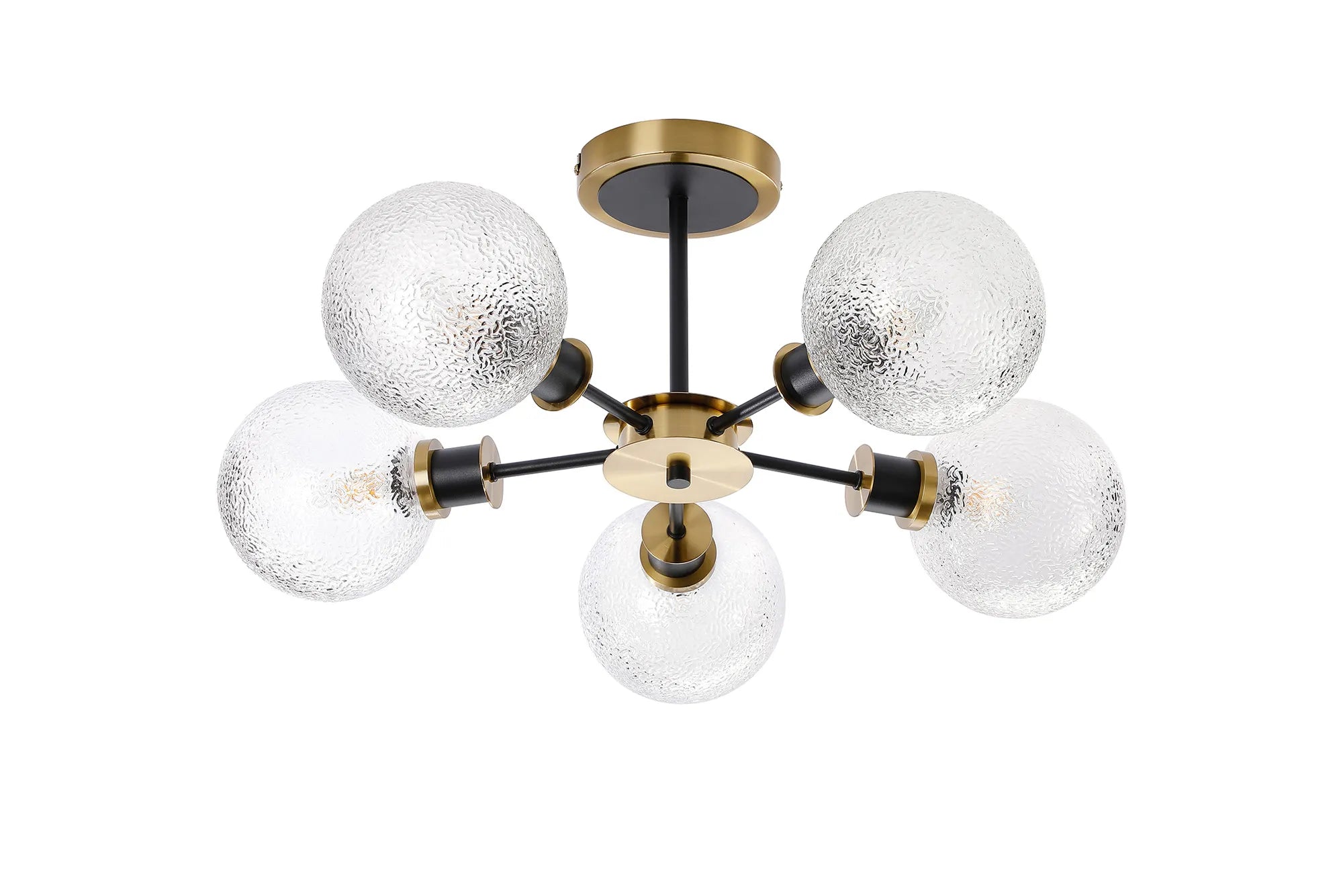 Sycamore Semi Ceiliing 5 Light with 15cm Round Dimpled Glass Shade - Brass, Clear & Satin Black
