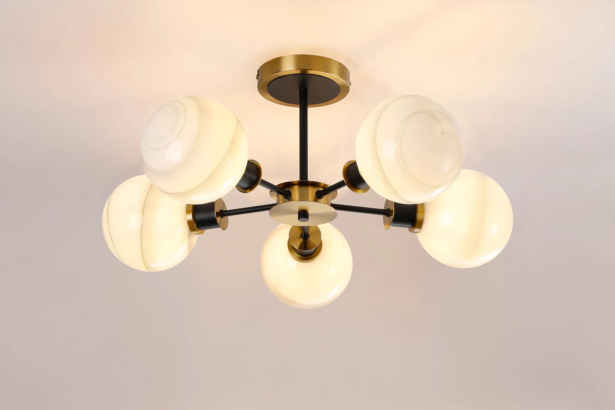 Sycamore Semi Ceiliing 5 Light with 15cm Round Marble Effect Glass Shade - Brass, White & Satin Black