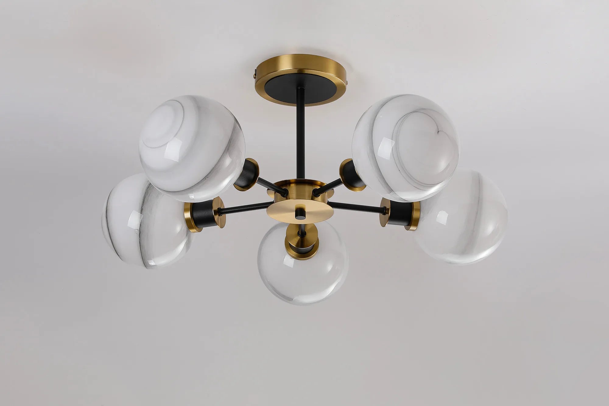 Sycamore Semi Ceiliing 5 Light with 15cm Round Marble Effect Glass Shade - Brass, White & Satin Black