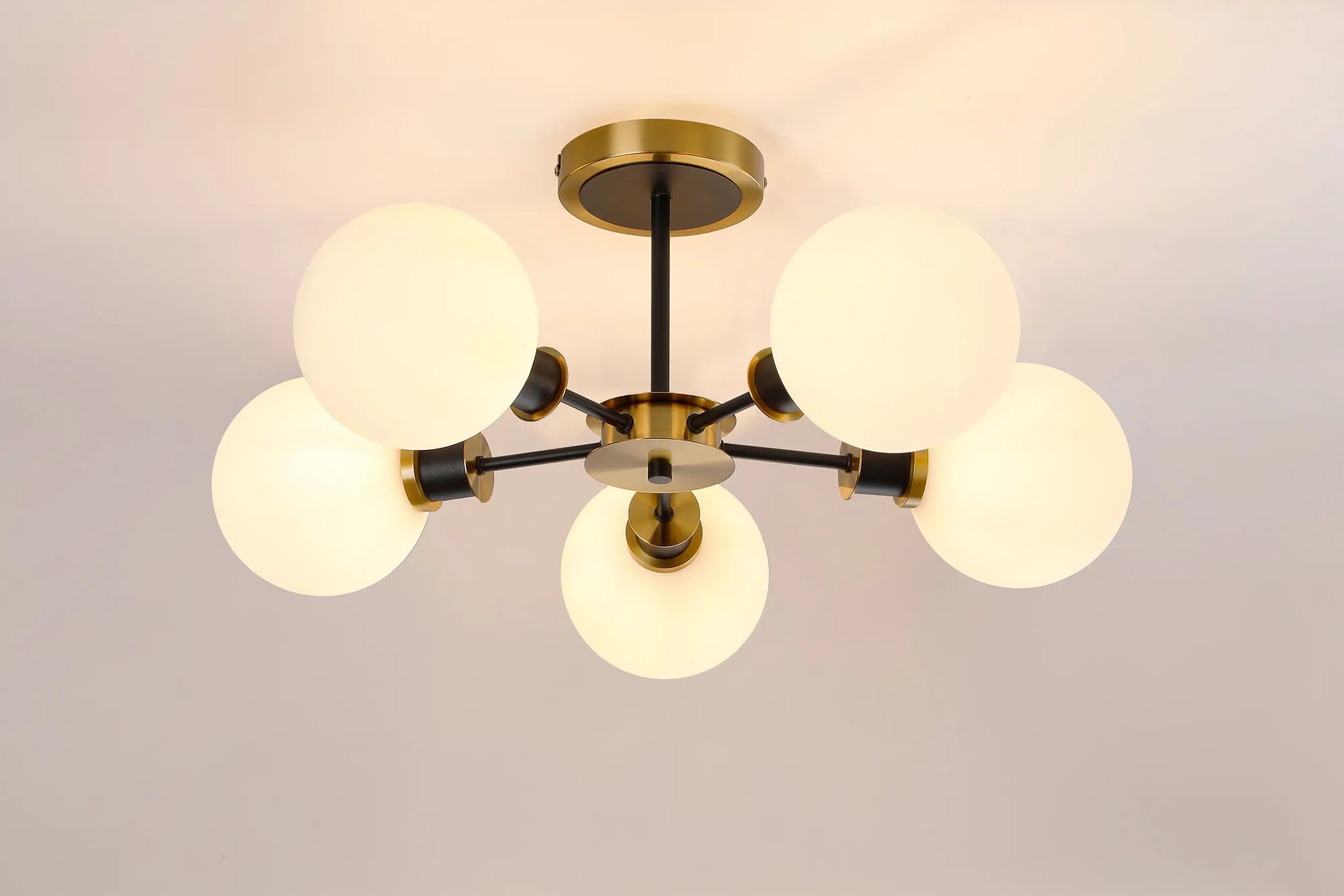Sycamore Semi Ceiliing 5 Light with 15cm Round Glass Shade - Brass, Opal & Satin Black