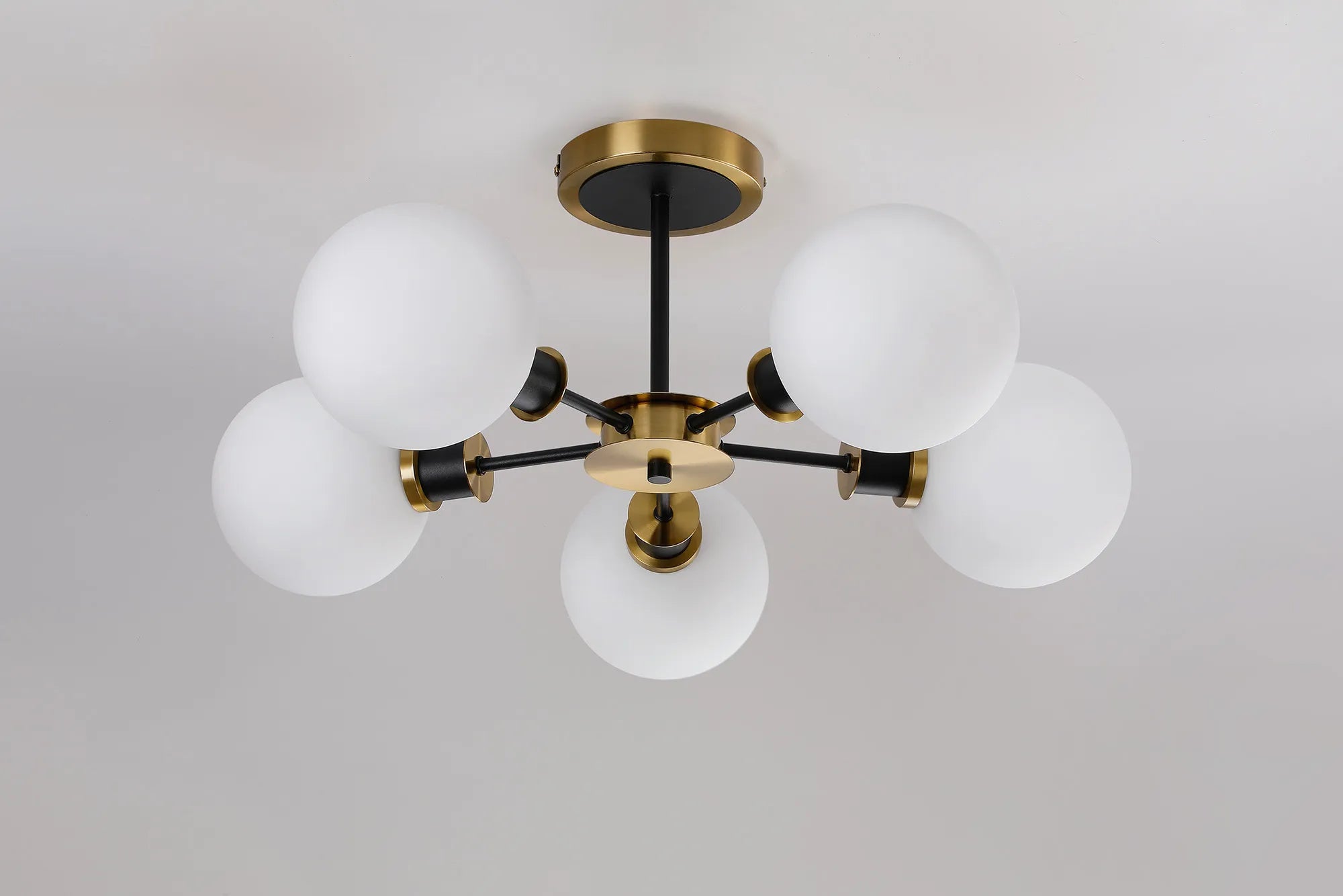 Sycamore Semi Ceiliing 5 Light with 15cm Round Glass Shade - Brass, Opal & Satin Black