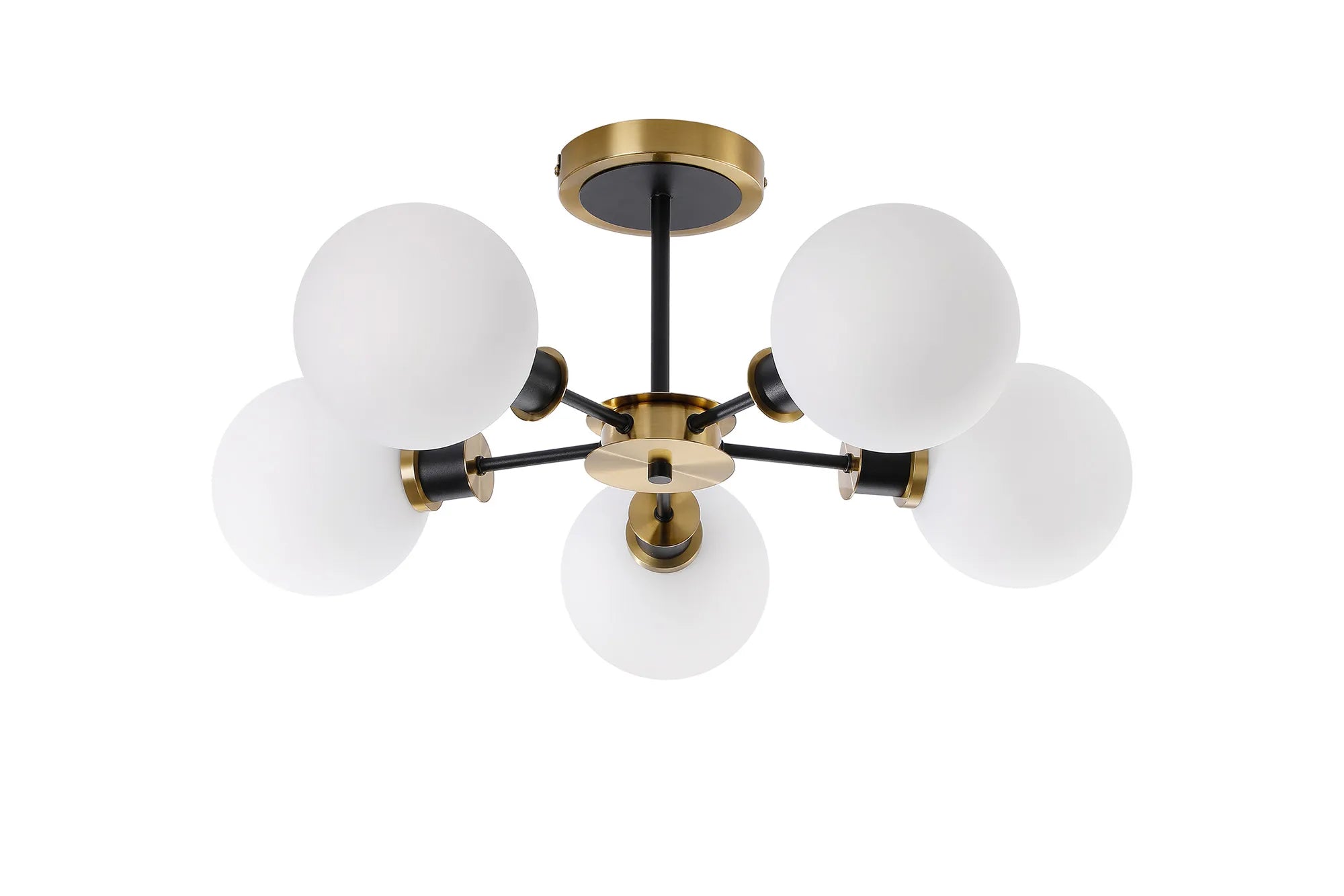 Sycamore Semi Ceiliing 5 Light with 15cm Round Glass Shade - Brass, Opal & Satin Black