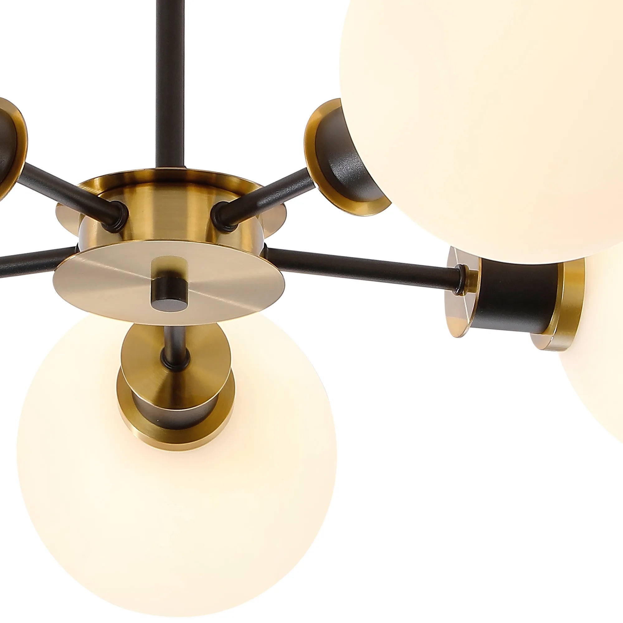 Sycamore Semi Ceiliing 5 Light with 15cm Round Glass Shade - Brass, Opal & Satin Black